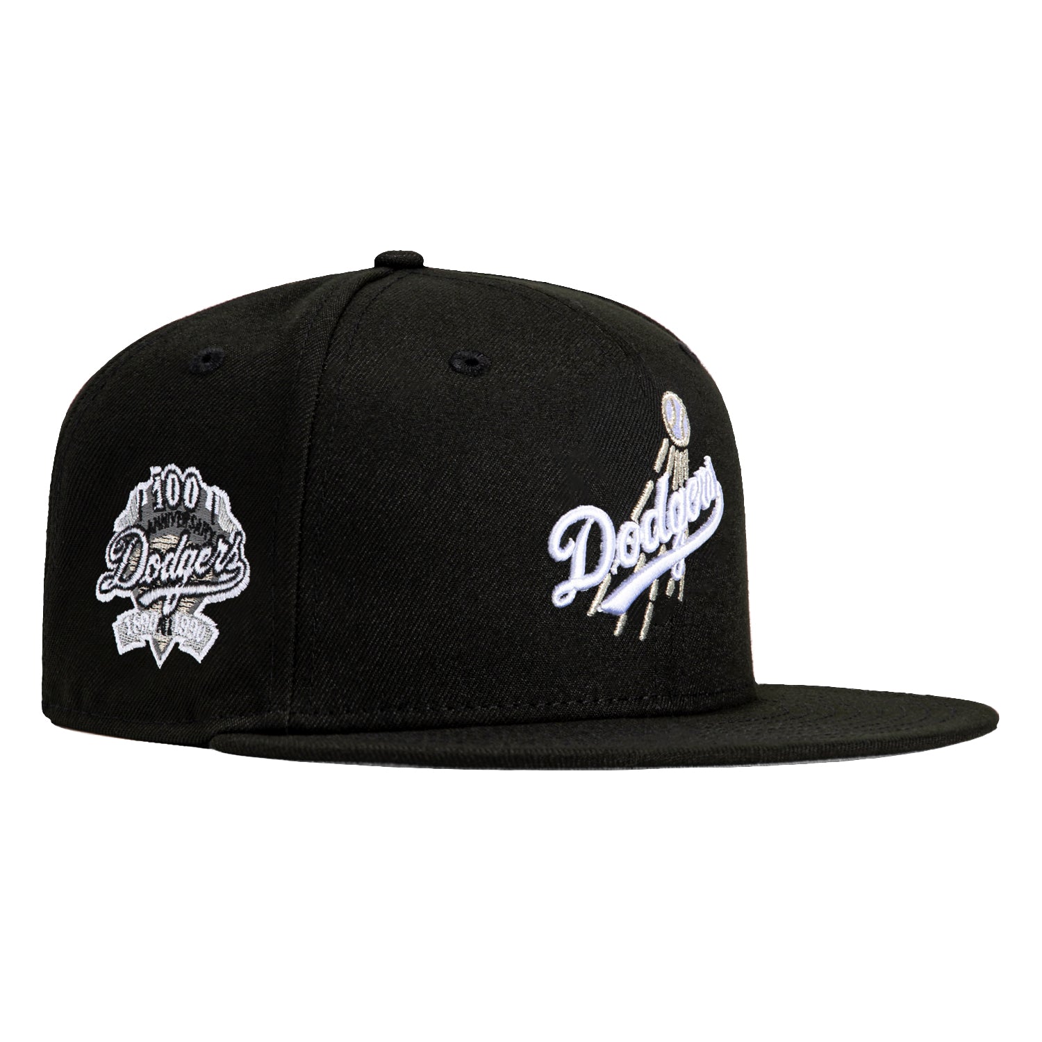 New Era 59Fifty Los Angeles Dodgers 100th Anniversary Patch Snapback Hat - Black & Metallic Silver - Official MLB Baseball Cap for Men & Women - Perfect for Games, Collecting & Streetwear Fashion