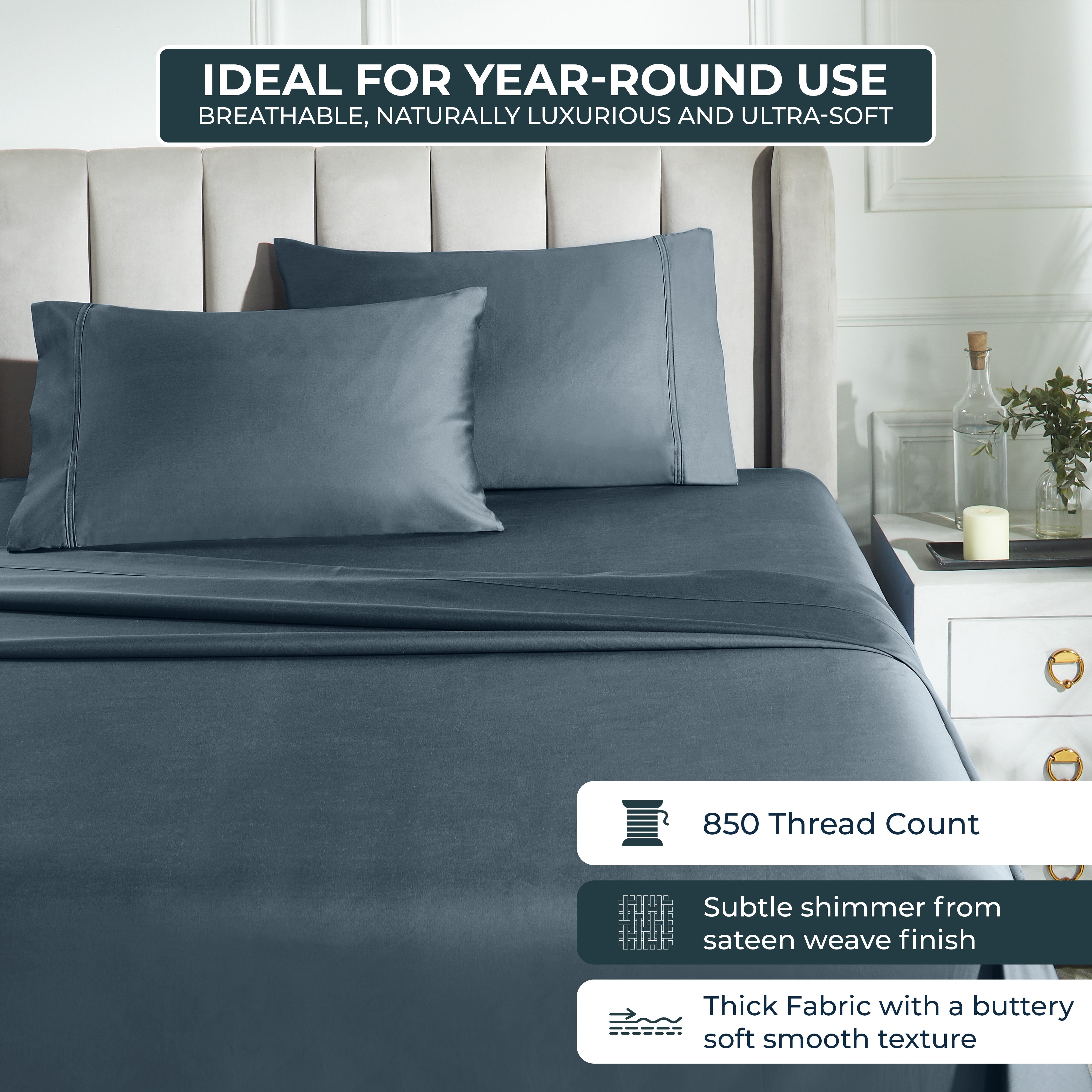 Premium 850 Thread Count 100% Cotton Solid Color Bed Sheet Set - Ultra Soft & Breathable for Comfortable Sleep - Perfect for Master Bedroom, Guest Room & Luxury Hotels