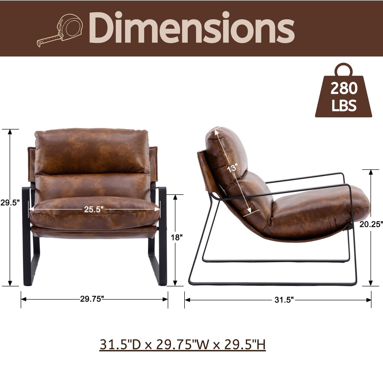 Modern PU Leather Accent Armchair - Soft Upholstered Living Room Chair with Black Metal Frame & Thickened Cushion - Comfortable Lounge Chair for Bedroom, Living Room, Office - Brown Leather Sofa Chair for Relaxing & Home Decor
