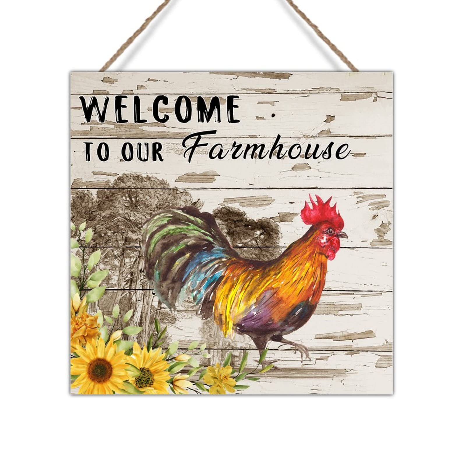 Distressed Wooden Welcome Sign - Rustic Farmhouse Wall Art with Chicken & Rooster Design - Perfect for Farmhouse Decor, Chicken Coop, Game Room or Playroom - 8x8 Inches