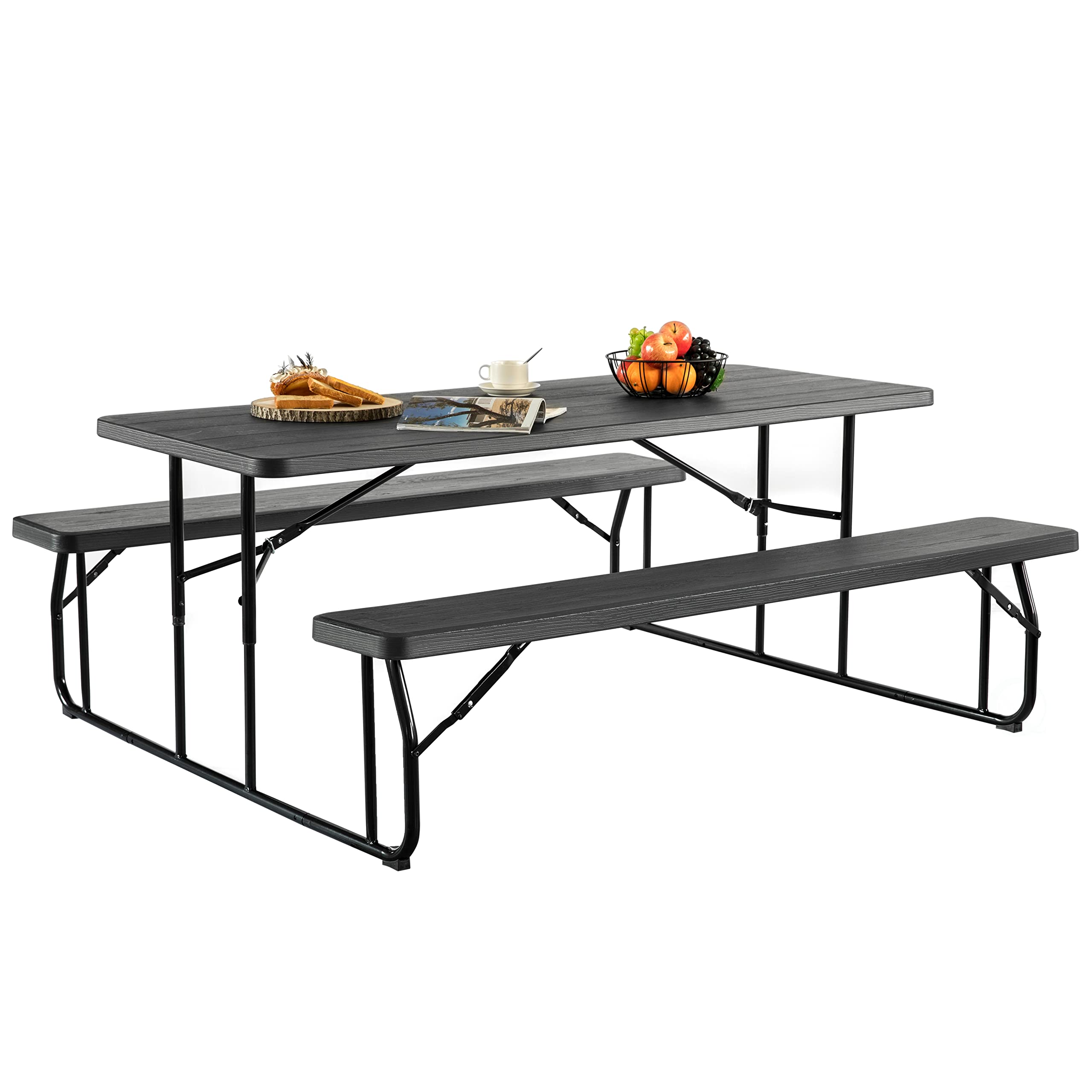 Gardenised 6 Ft Black Outdoor Foldable Picnic Table Set with Woodgrain Finish & Metal Frame - Perfect for Backyard BBQs, Camping, and Patio Dining (QI004269.BK)