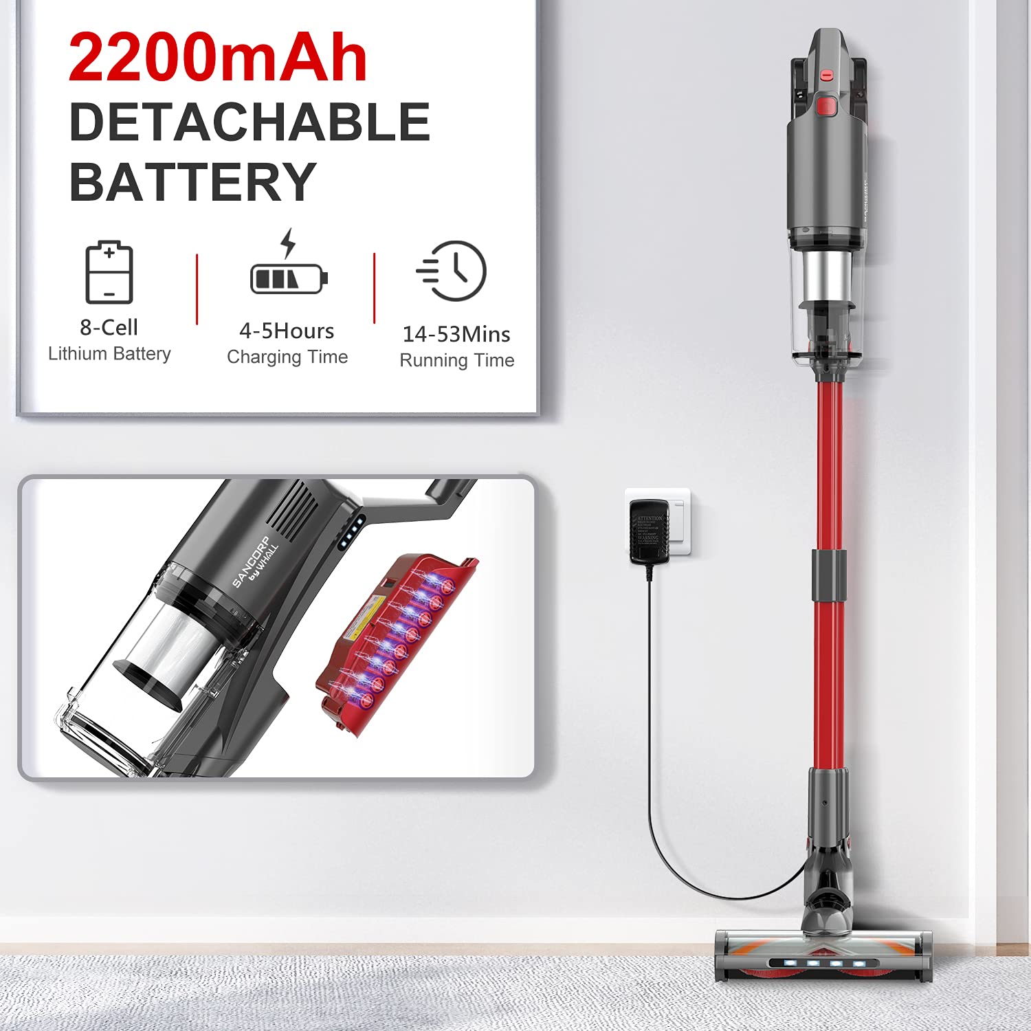 Whall Cordless Vacuum Cleaner - 25KPa Powerful Suction, 280W Brushless Motor, Lightweight Stick Vacuum for Home, Pet Hair, Carpet & Hard Floors - 55 Min Runtime, Grey - Perfect for Quick Cleanups & Deep Cleaning in Living Rooms, Bedrooms & Cars