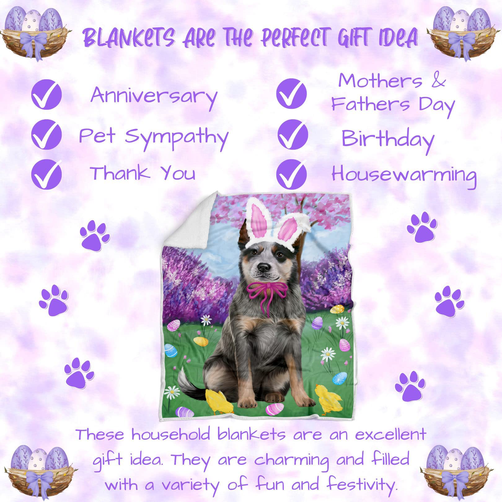 Blue Heeler Dog Blanket for Easter - Lightweight Soft Cozy Durable Pet Blanket - Animal Print Fuzzy Throw for Sofa Couch Bed - 50x60 Woven (BLNKT82541) - Perfect for Easter Gifts, Dog Lovers & Home Decor