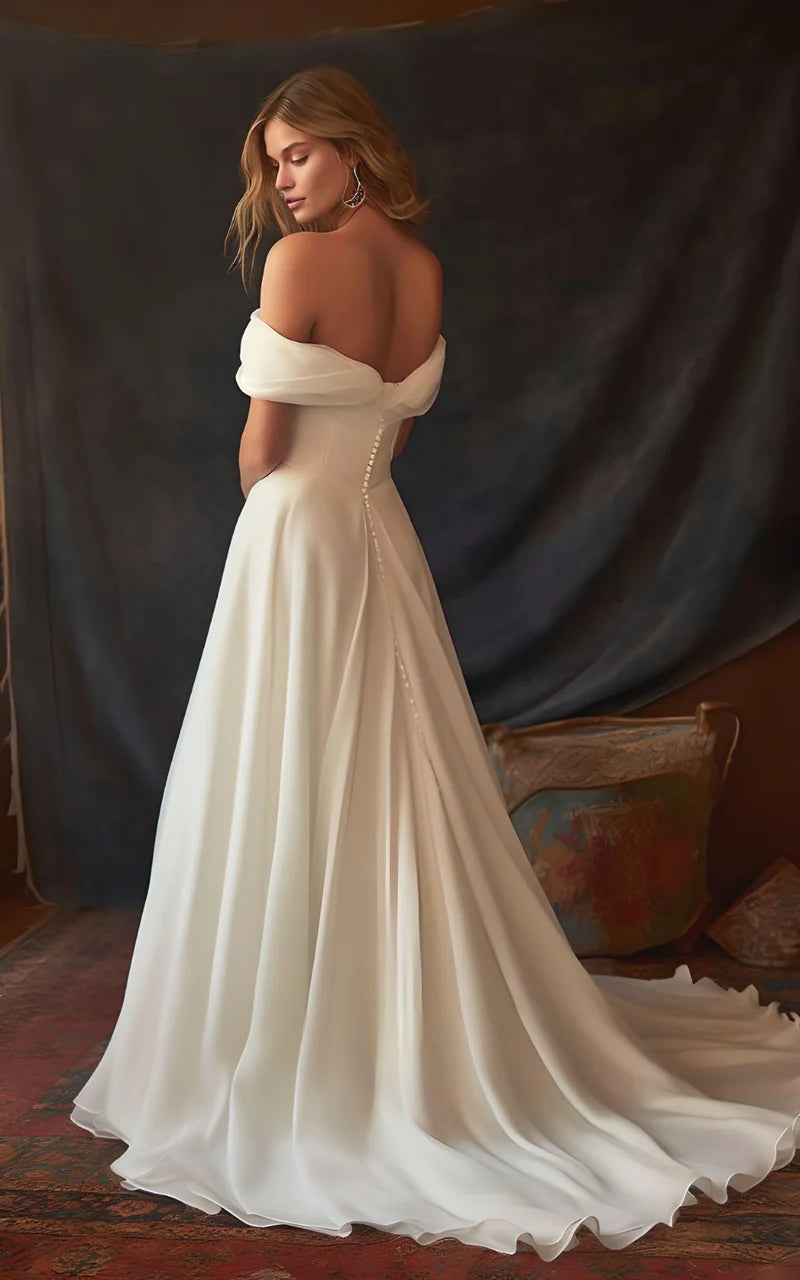 Elegant A-Line Chiffon Sleeveless Off-the-Shoulder Wedding Dress with Ruching Detail - Perfect for Beach Weddings, Vow Renewals & Romantic Photoshoots