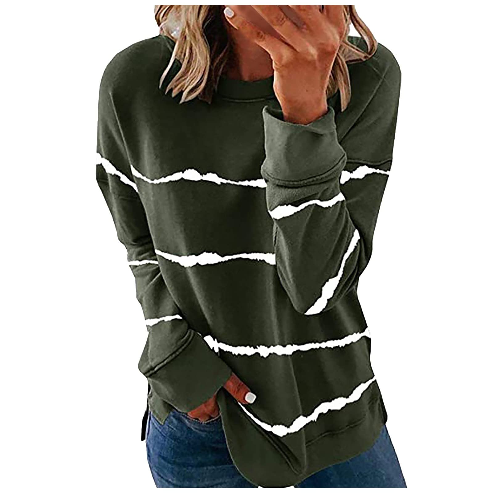 ZEFOTIM Women's Spring Striped Tops 2022 - Trendy Contrast Color Loose Fit Long Sleeve O-Neck Tunic Blouse for Casual Wear, Office & Date Night Outfits