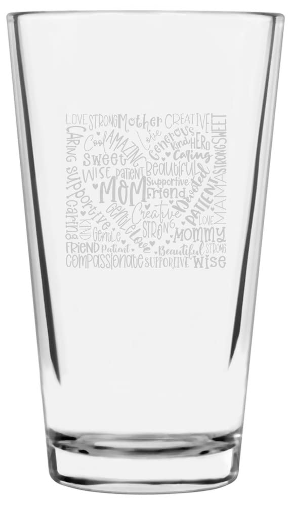 Mom Word Art Pint Glass - 16oz Etched for Mother's Day Gifts