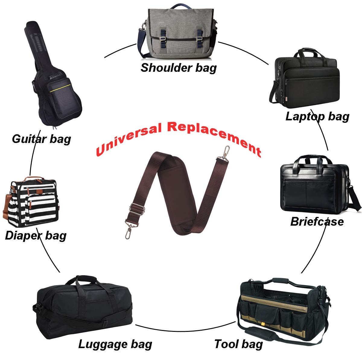 BOMKEE 59 Inch Adjustable Universal Shoulder Strap with Metal Swivel Hooks & Non-Slip Pad - Replacement Strap for Laptop Bag, Briefcase, Messenger Bag, Diaper Bag, Camera Bag & Travel Accessories (Brown) | Perfect for Work Commute, Business Trips & Everyday Carry