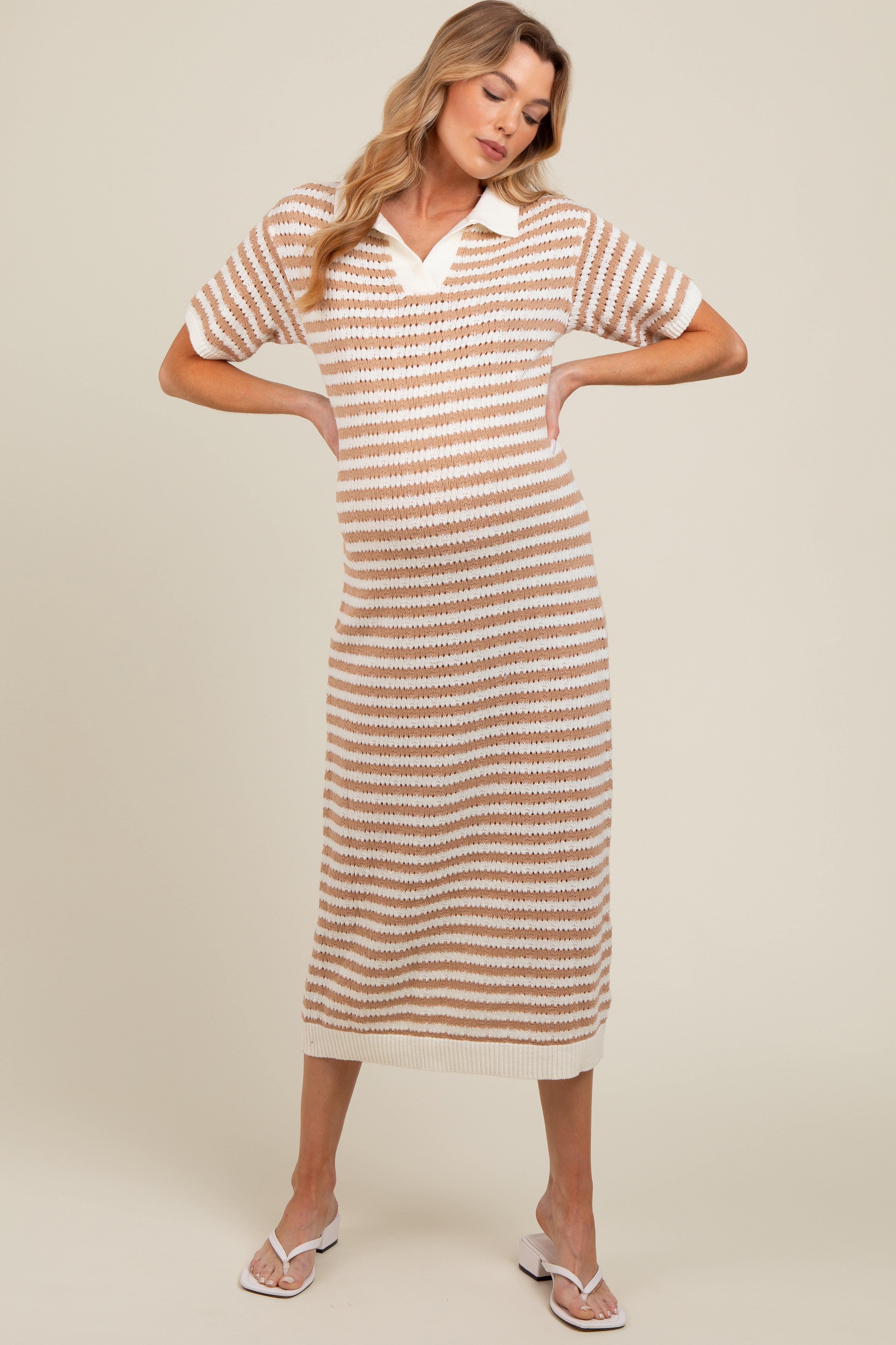 Beige Collared Knit Maxi Maternity Dress for Pregnancy - Comfortable Long Sleeve Nursing Dress for Women, Perfect for Baby Showers, Maternity Photos & Everyday Wear