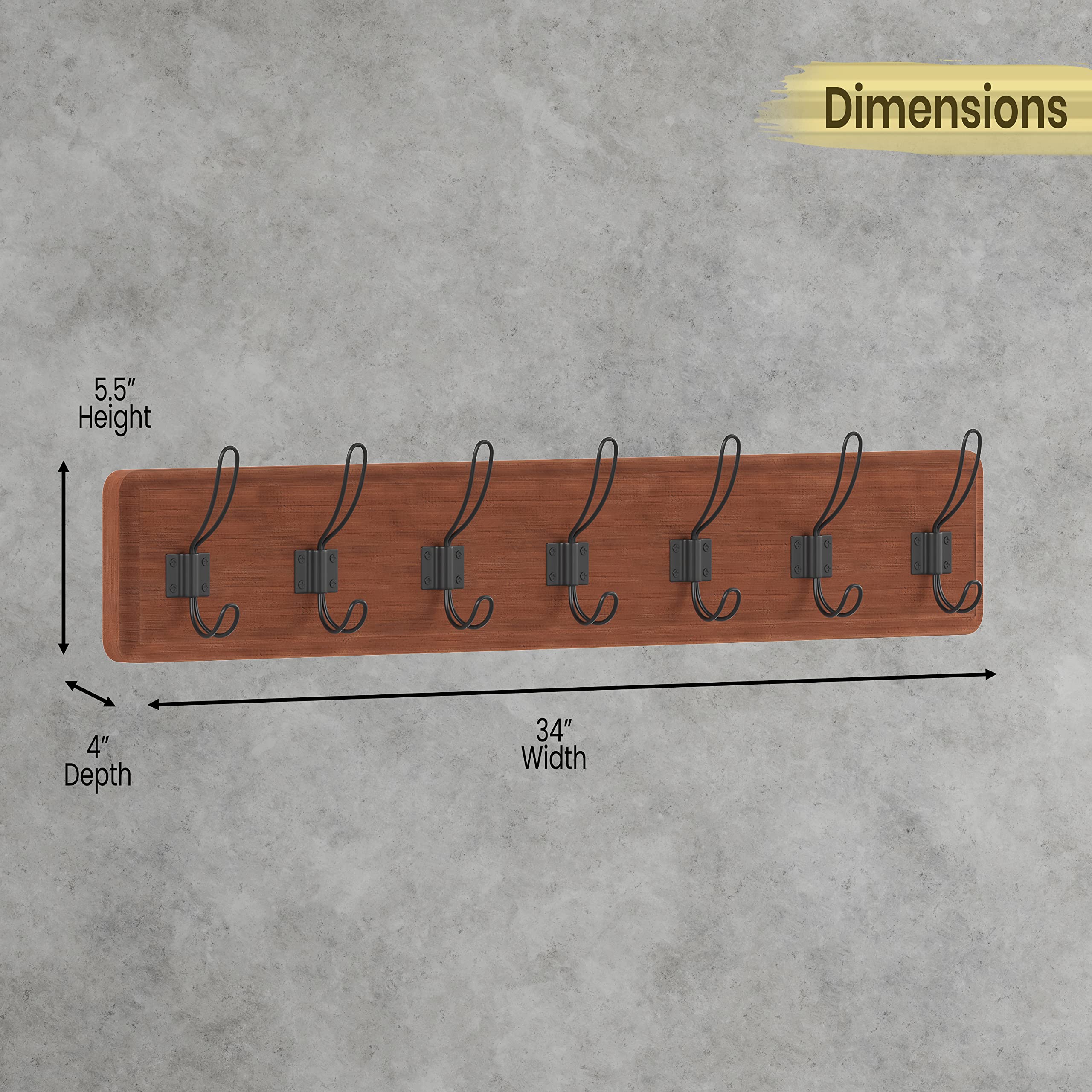Rustic Brown Solid Wood Wall Mounted Coat Rack with Shelf - 7 Hooks, 34