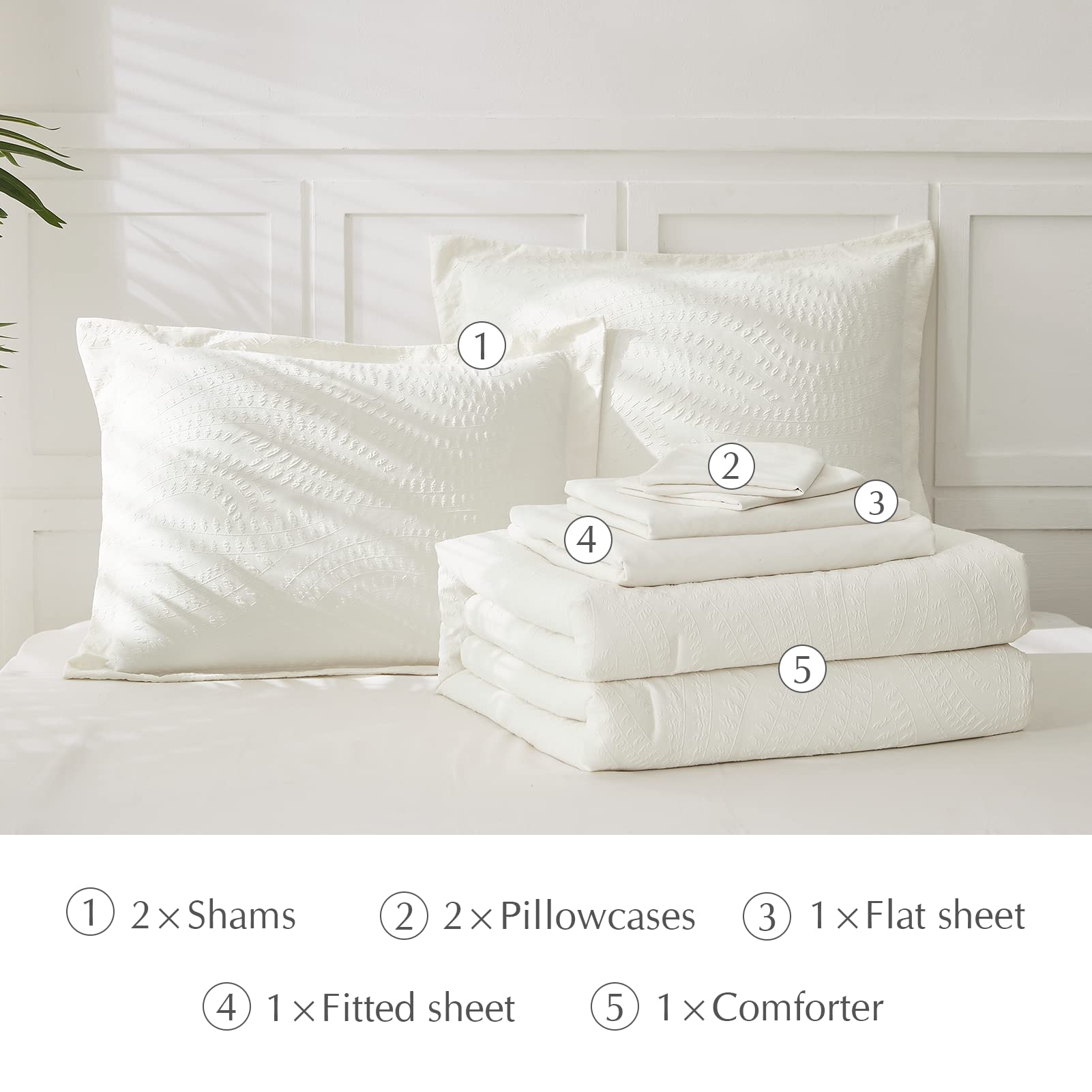 Geniospin Queen Comforter Set 7-Piece All Season Bedding - Ivory White Botanical Print Seersucker Duvet Cover, Sheets, Pillowcases & Shams (90x90 Inches) for Cozy Bedroom Decor & Guest Room Essentials