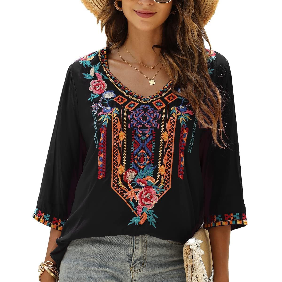LauraKlein Women's Summer Boho Embroidery Mexican Bohemian Tops - V Neck 3/4 Sleeve Casual Loose Blouse Tunic for Beach, Festival & Vacation Outfits
