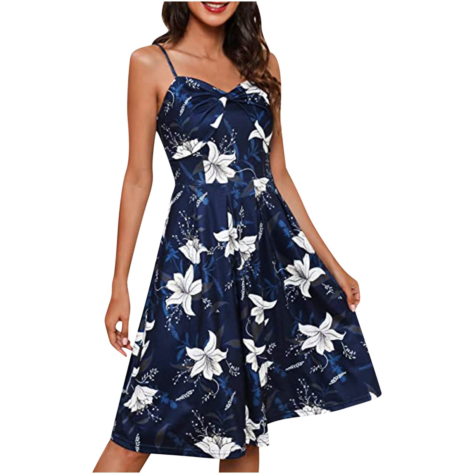 Women's Floral Print V-Neck Midi Dress - Smocked Waist Spaghetti Strap Flowy Summer Dress | Perfect for Beach Vacations, Date Nights & Casual Outings