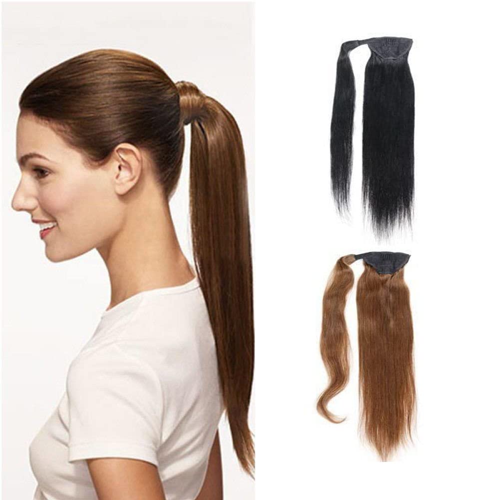 Remeehi 20inch Real Human Hair Ponytail Extensions - Straight Clip-in Wrap Around Hairpiece (80g, 4# Medium Brown) for Women - Perfect for Parties, Weddings & Daily Styling
