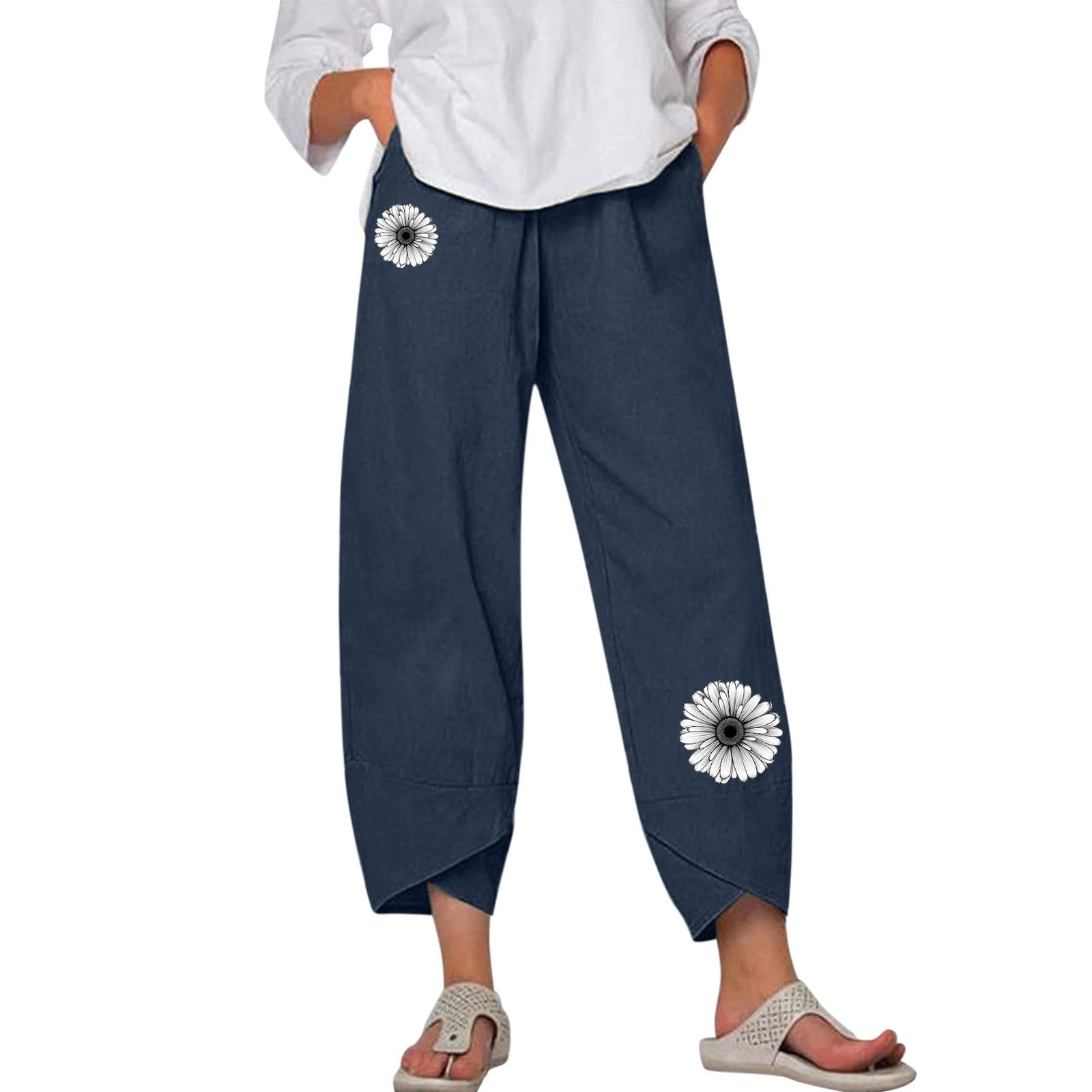 Women's Cotton Linen Wide Leg Pants - Floral Print High Waisted Cropped Harem Pants with Pockets | Summer Casual Boho Chic Outfit for Beach, Travel & Everyday Wear