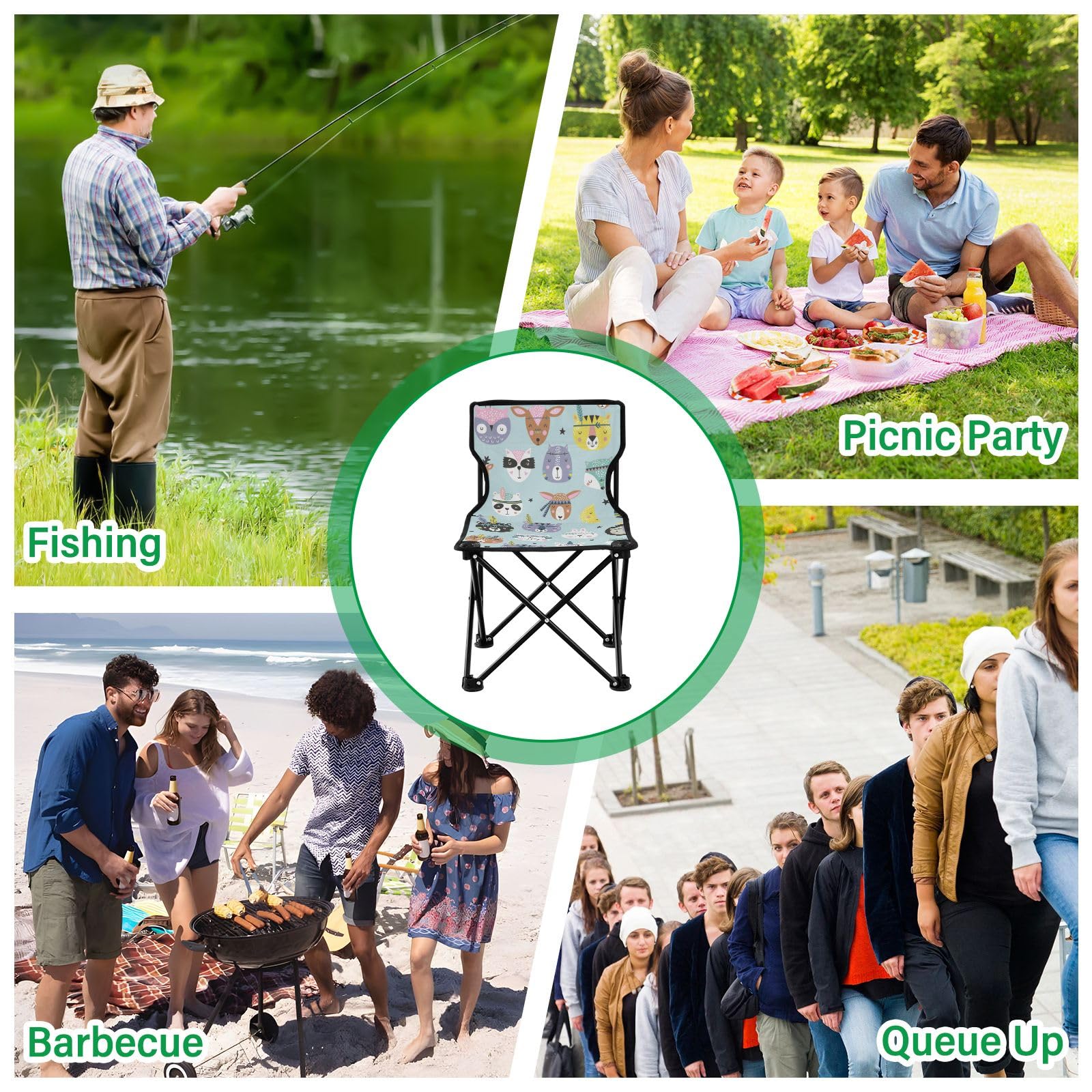 Portable Camping Folding Chairs - Lightweight Foldable Outdoor Chairs for Backpacking, Fishing & Picnics | Compact Boho Style with Tribal Animal Print | Perfect for Beach, Camping & Backyard Relaxation
