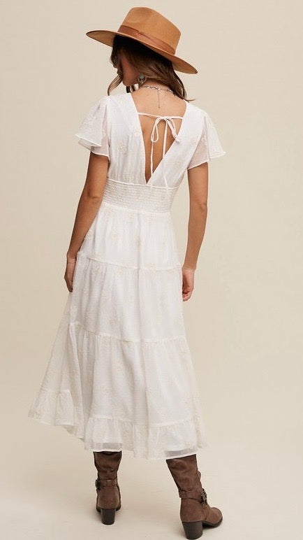 Francesca Embroidered Tulle Midi Dress Off White - Elegant Wedding Guest Dress for Bridal Shower, Party & Special Occasions