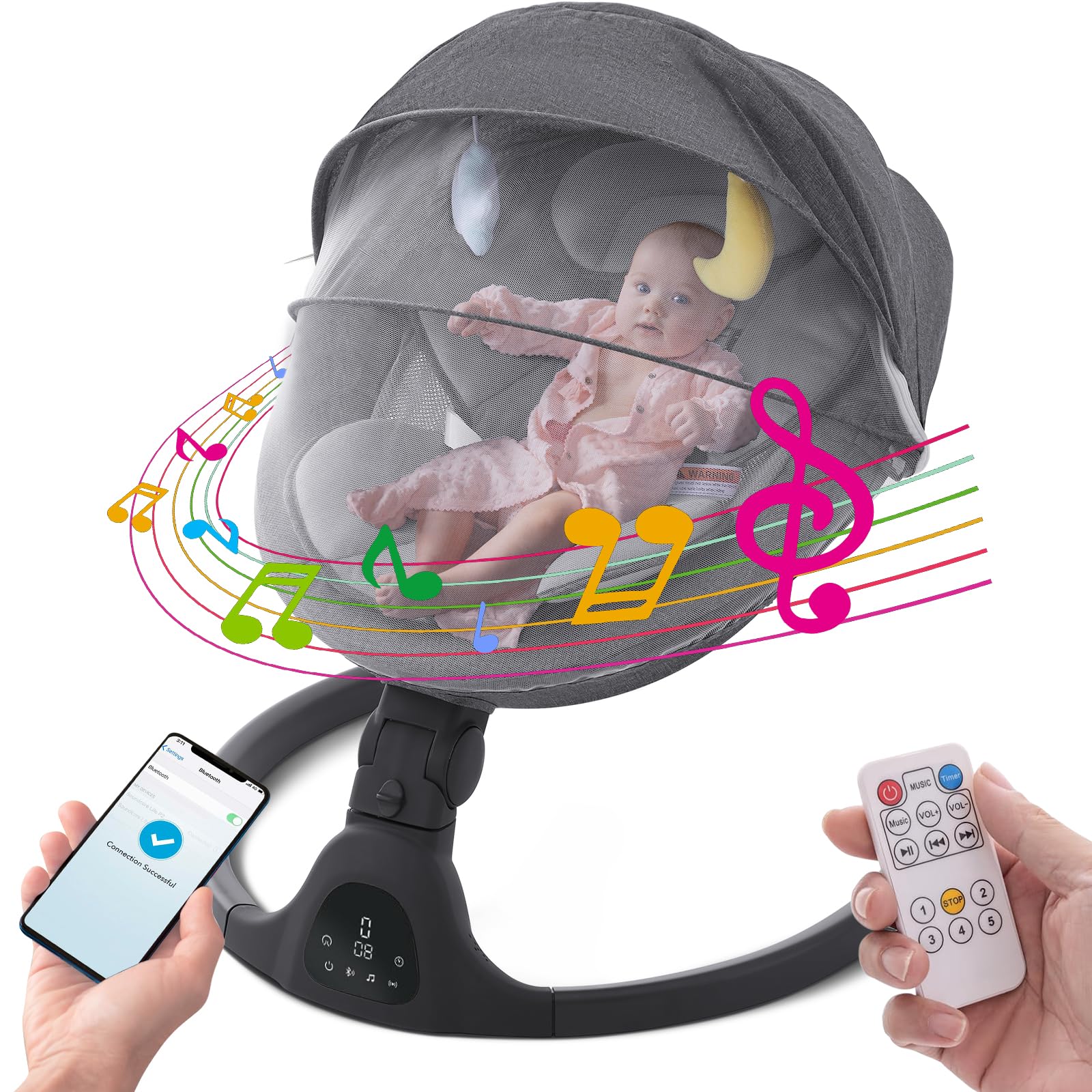 Portable Baby Swing for Newborns & Infants - Comfort Cradling Rocker with Music, Remote Control & Timer - Black - Perfect for Nursery, Travel & Soothing Fussy Babies