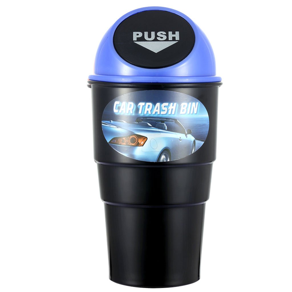 Portable Mini Car Ashtray & Trash Bin with Plastic Cover - Small Garbage Container for Cigarettes, Home, Office & Vehicle Use - Yellow & Blue Recycle Bins for Car, Desk & Travel Scenarios