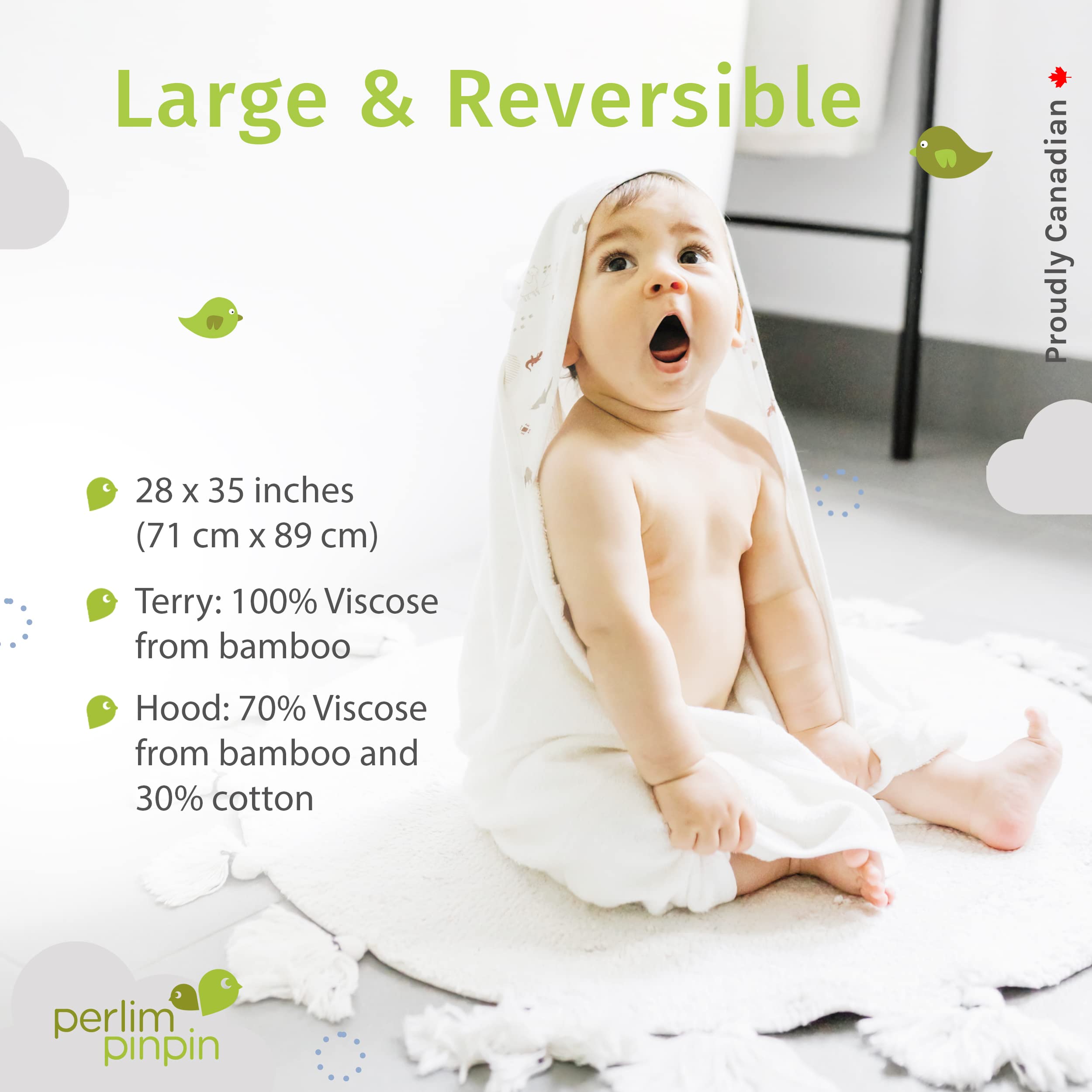 Perlimpinpin Hooded Bamboo Baby Bath Towel - Ultra Soft Terry Cloth for Newborns & Toddlers (White with Space Print) - Perfect for Bath Time, Swimming & Spa Days