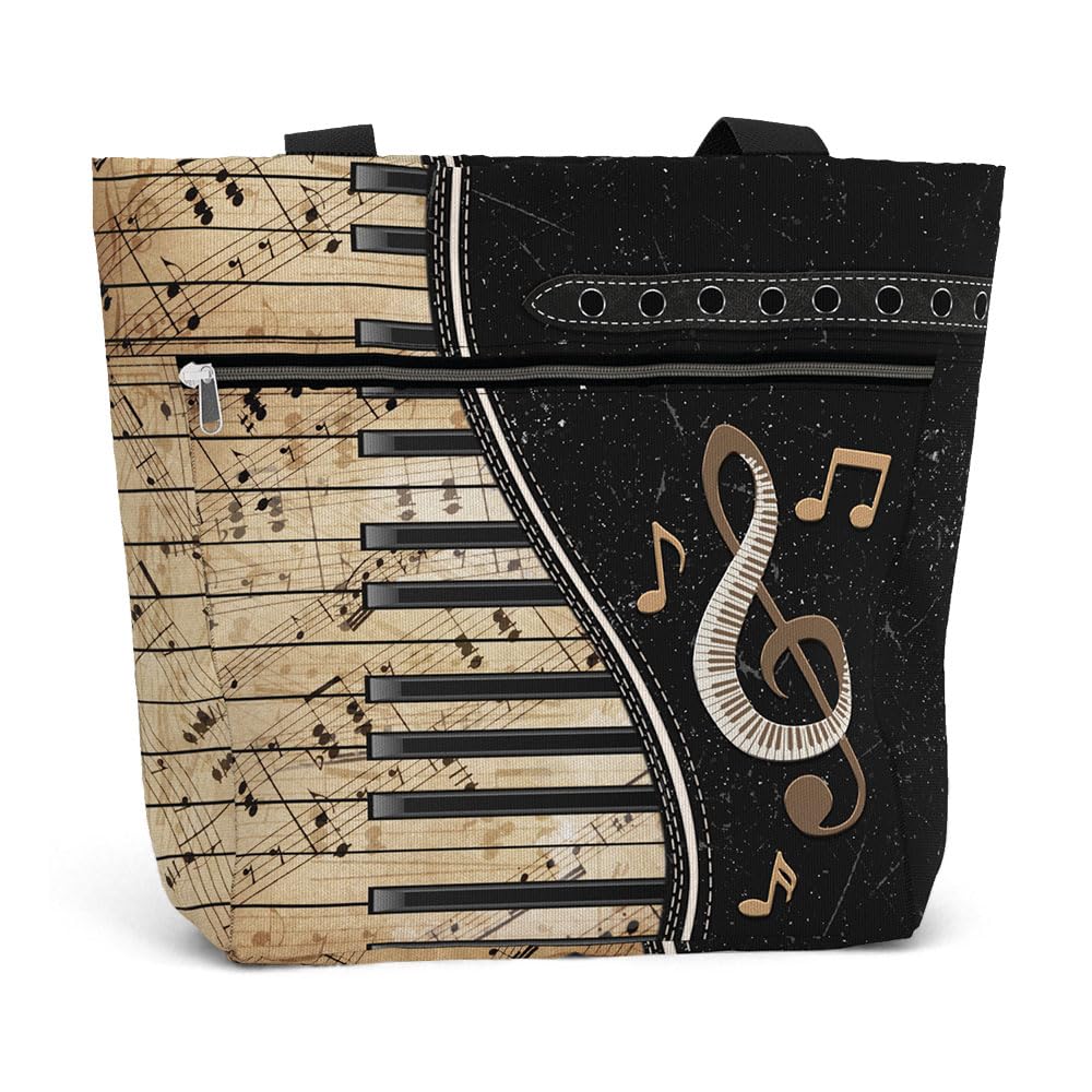 84hoods Women's Large Tote Bag with Pockets & Zipper - Stylish Work Shoulder Bag for Office, Travel & Shopping - Perfect Gift for Piano Players & Music Lovers