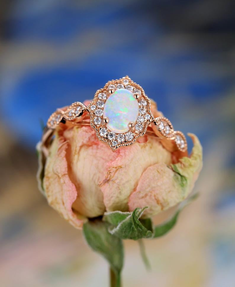 Vintage Floral Oval Cut Opal Engagement Ring with Halo Rose Gold Marquise 1/4 Diamond Band - Perfect for Wedding, Proposal & Anniversary Gifts