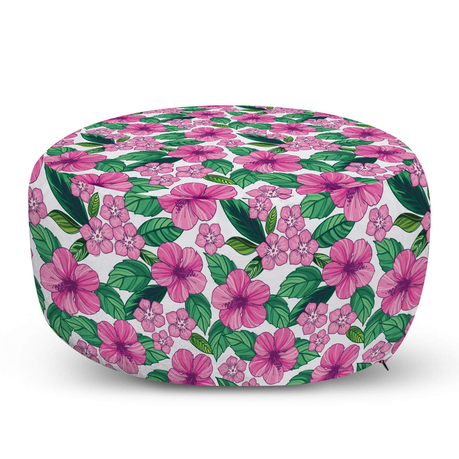 Ambesonne Floral Pouf Cover with Zipper - Vibrant Hibiscus Flowers & Green Leaves Design, Soft Decorative Fabric Unstuffed Case, 30x17.3 Inches, Pale Pink & Hunter Green - Perfect for Living Room, Bedroom or Nursery Decor
