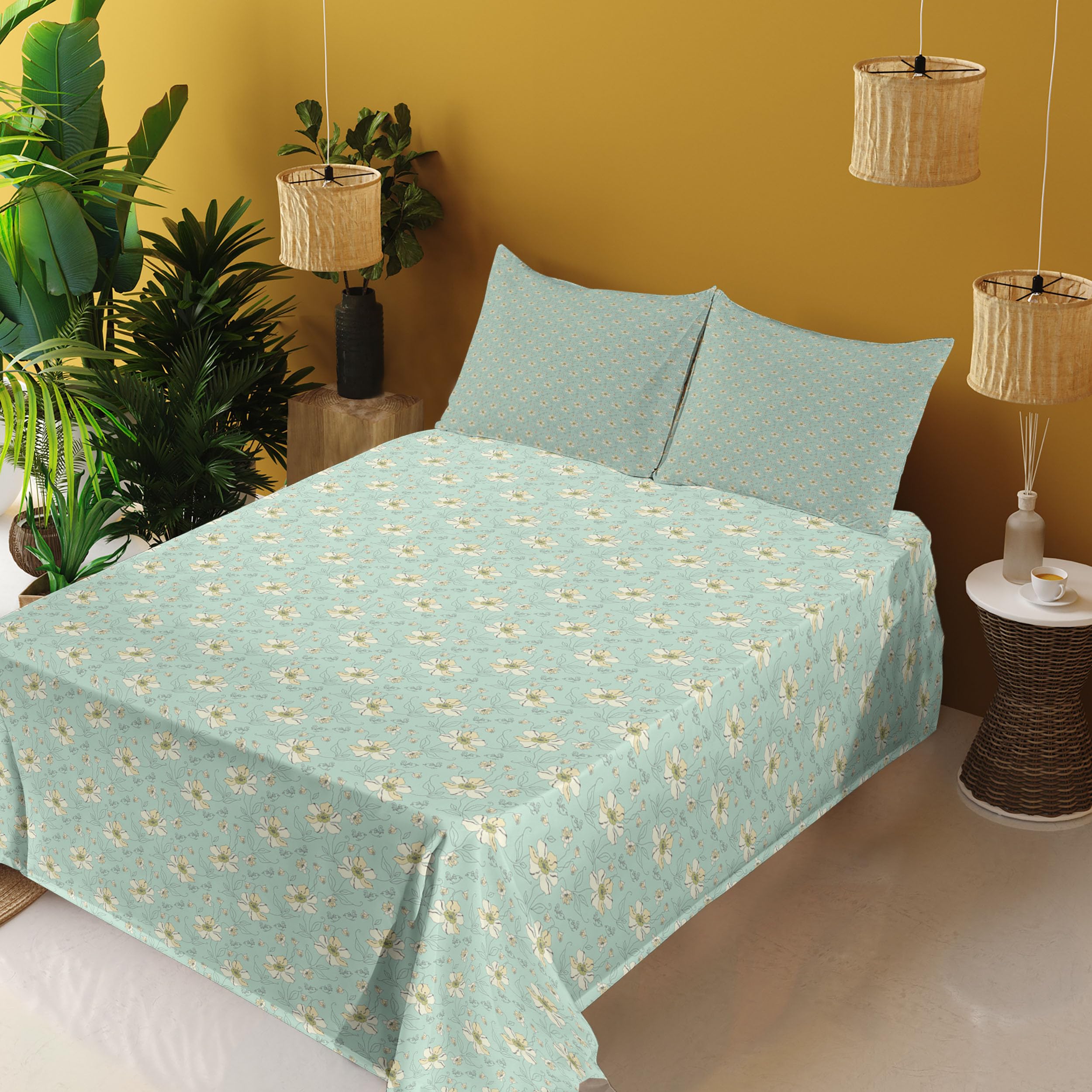 Ambesonne Floral Sheet Set - 4 Piece King Size Bedding with Continuous Flowers Print in Fresh Pastel Mint Green & Pale Yellow | Soft Fitted & Flat Sheets + Pillowcases | Perfect for Master Bedroom, Guest Room & Cozy Home Decor