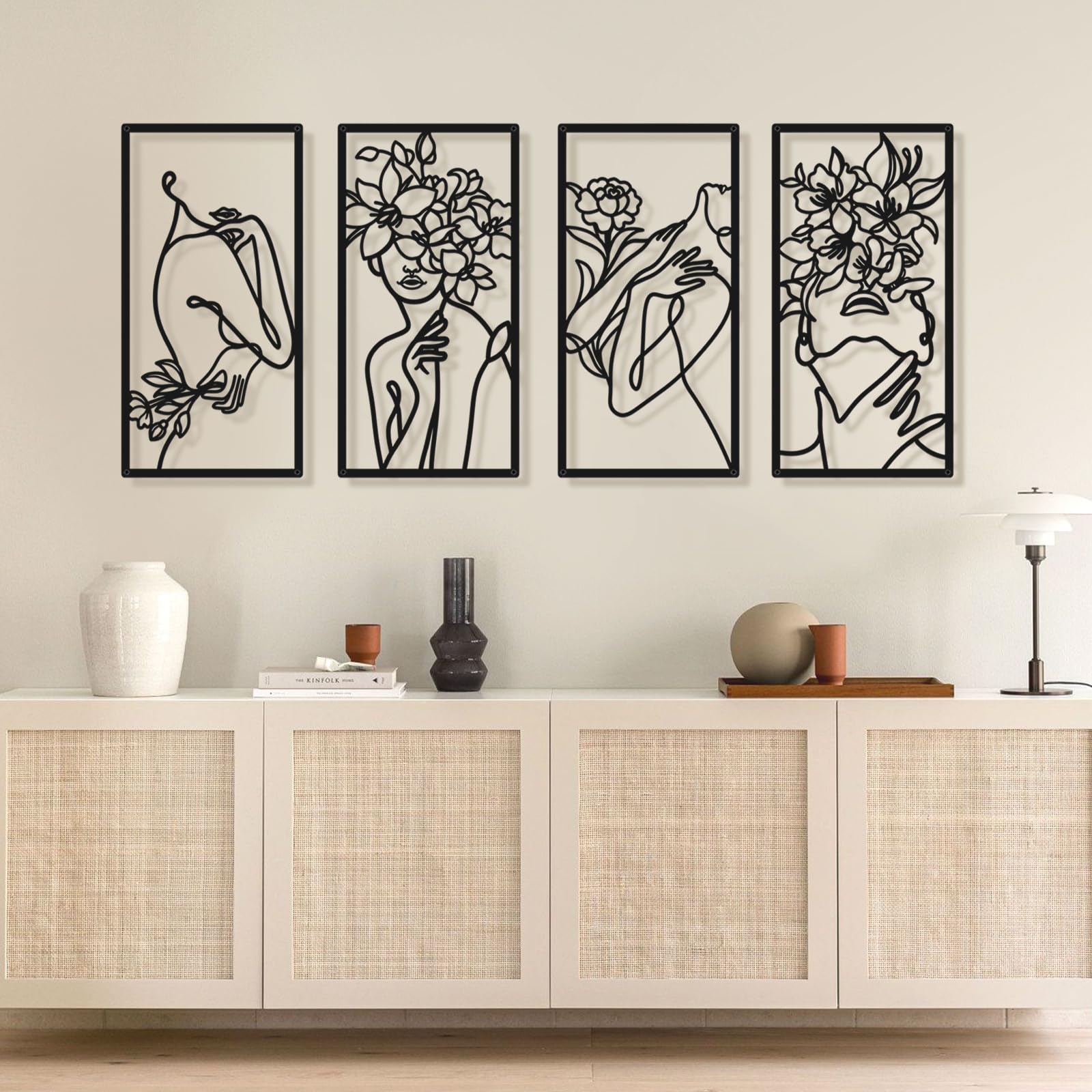 Bakovity Black Metal Wall Decor - Abstract Woman Art, Minimalist Line Wall Art, Modern Aesthetic Metal Wall Hangings for Bedroom, Bathroom & Living Room (4 Pieces, 17x9 Inches) - Perfect for Home Decor, Office Decor & Gift Giving