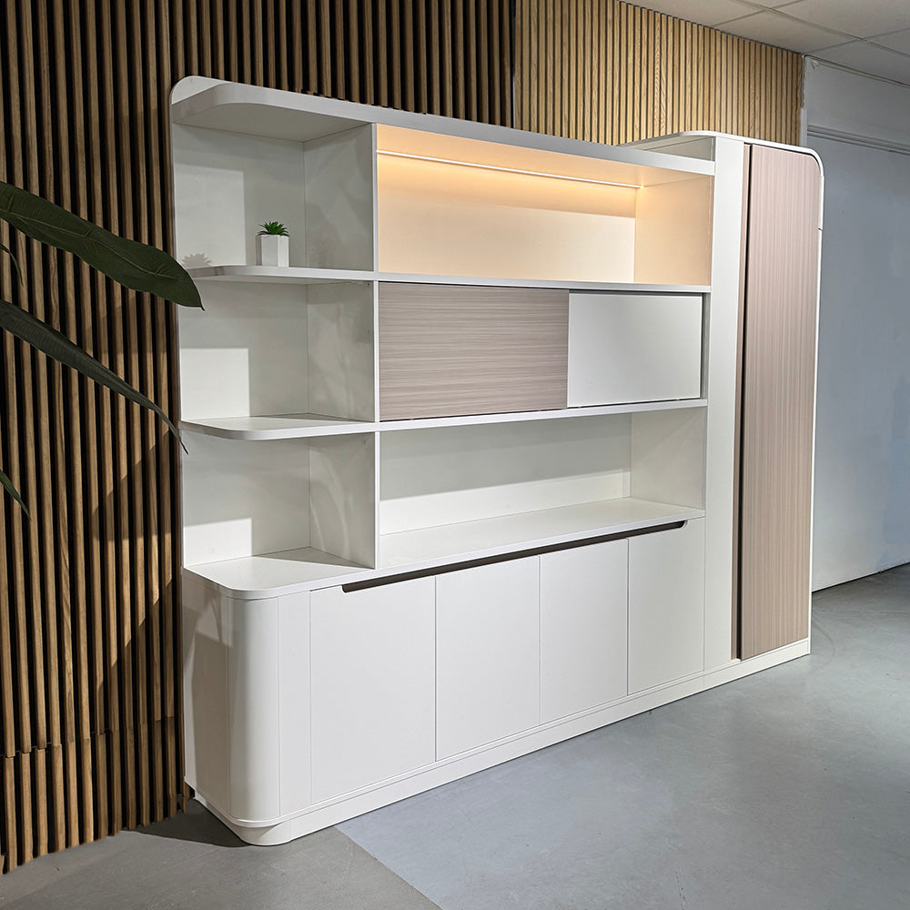 LUSH Display Unit 261.5cm White & Taupe - Modern Retail Shelving for Boutique, Clothing Store & Home Organization