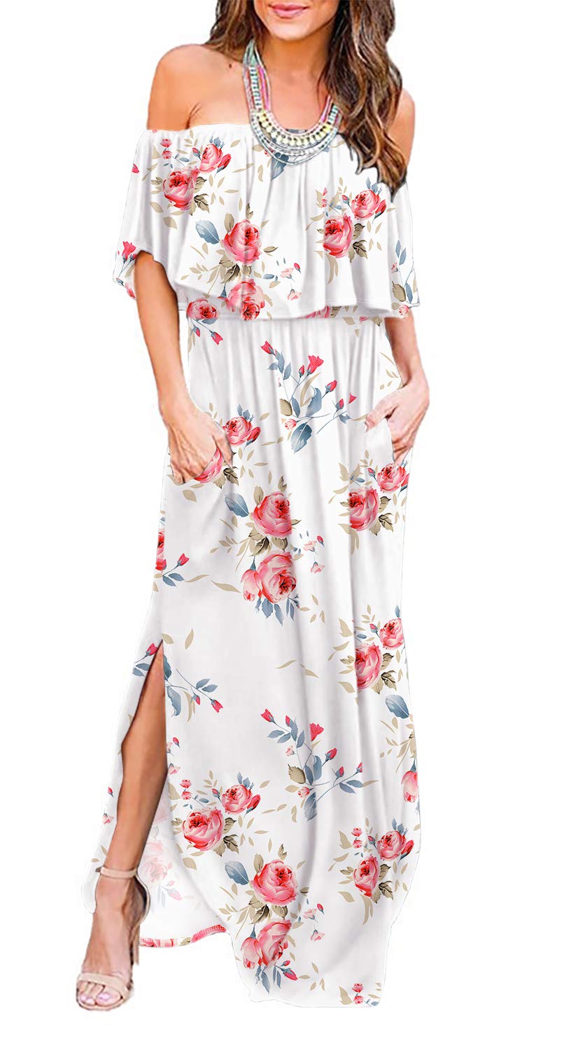 LILBETTER Women's Off The Shoulder Ruffle Party Dress with Side Slit - Flowy Beach Maxi Dress for Summer Vacation, Wedding Guest & Cocktail Events