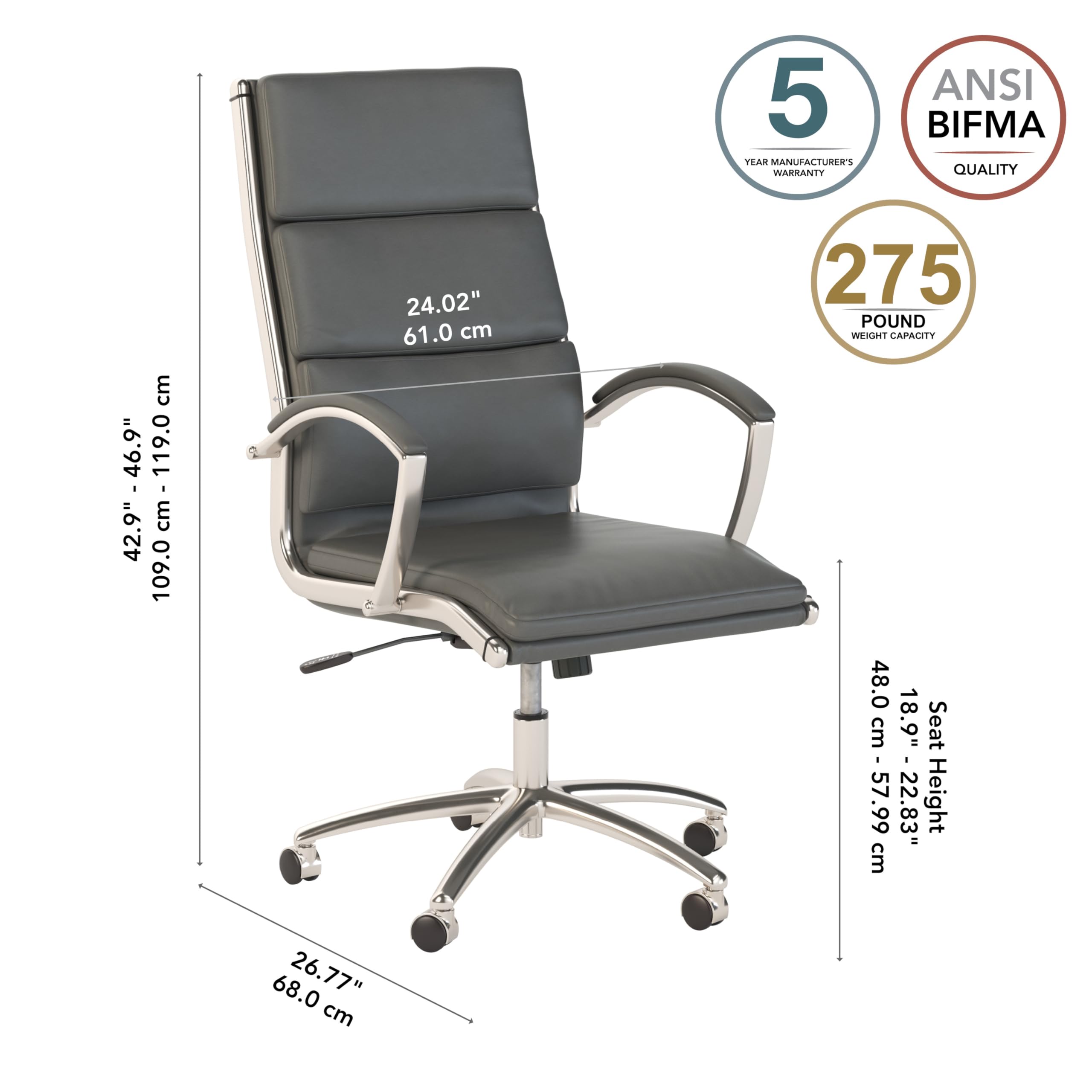 Bush Furniture Somerset High Back Leather Executive Office Chair - Dark Gray - Ergonomic Desk Chair for Home & Office Workspace