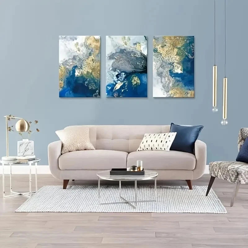 3-Piece Blue and Gold Teal Metal Wall Art Prints - Ready to Hang Modern Home Decor for Living Room, Bedroom & Office