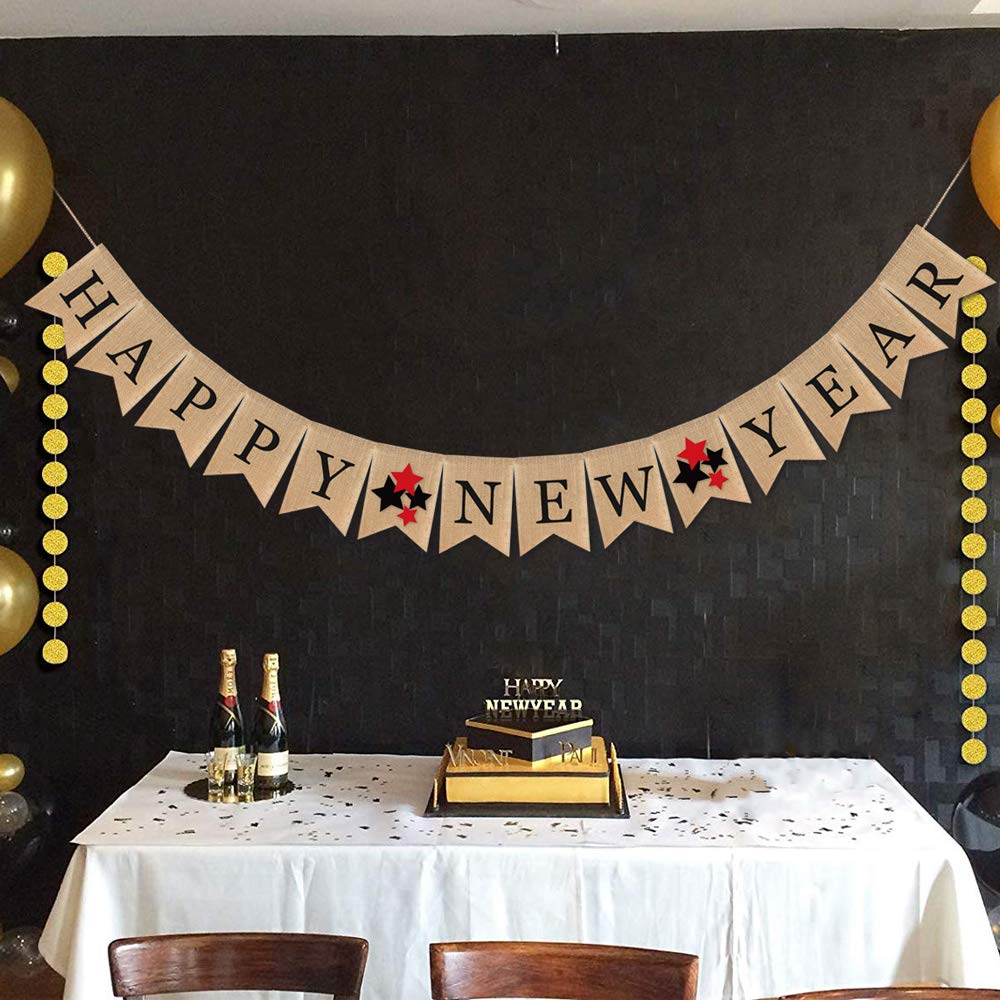 Happy New Year Burlap Party Banner with Star Design - Festive Garland Decoration for Home, Office & Holiday Celebrations