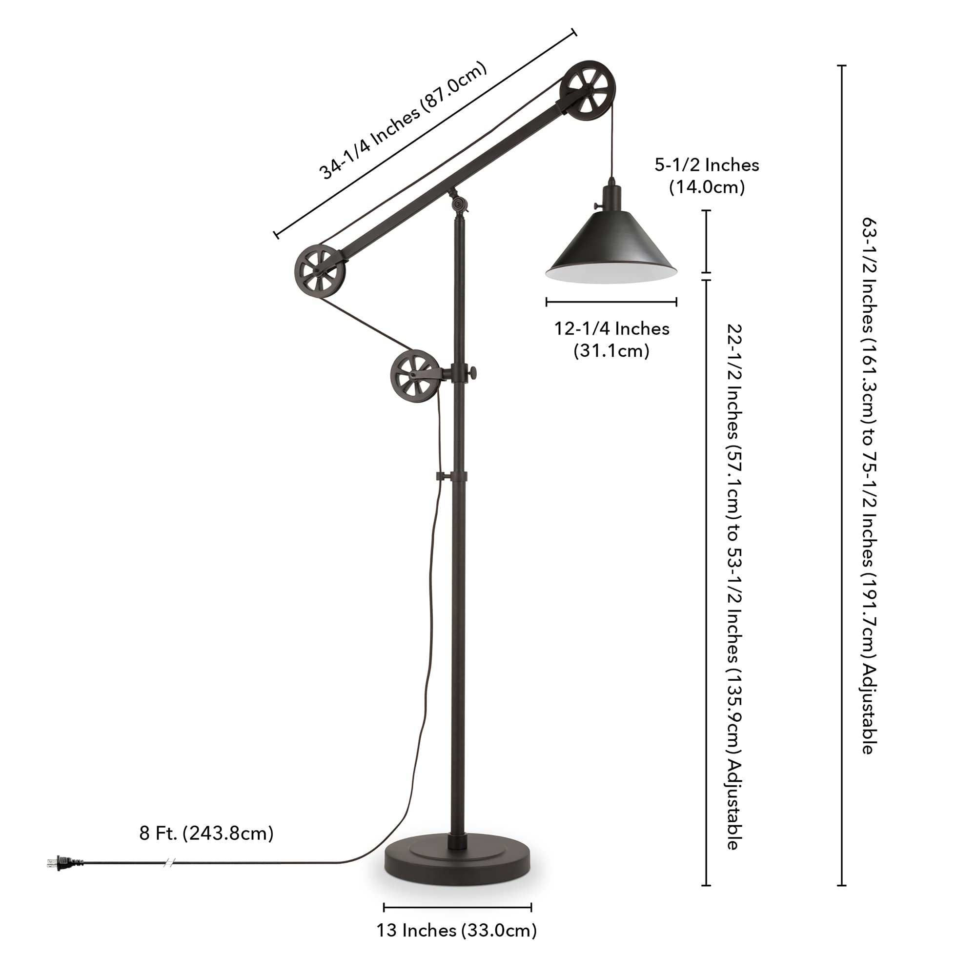 Henn&Hart Industrial Pulley System Floor Lamp with Adjustable Metal Shade - Blackened Bronze Finish for Home Office, Bedroom & Living Room | Modern Lighting for Reading, Workspace & Ambient Decor