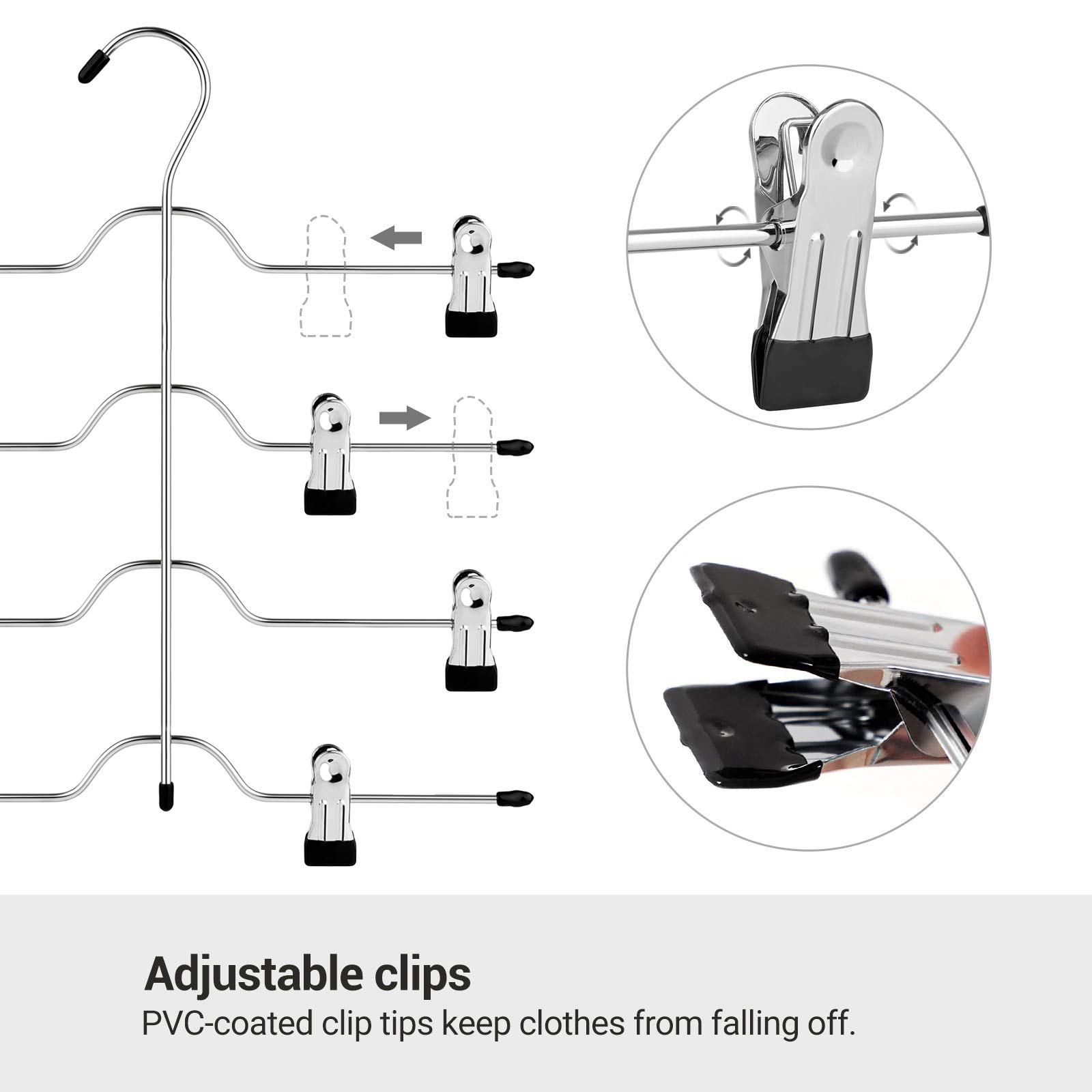 SONGMICS 4-Tier Space Saving Pants Hangers with Non-Slip Clips - Set of 3 Multi-Functional Skirt & Trouser Organizers for Closet Storage - Perfect for Wardrobe, Laundry Room, and Travel Packing (Silver, UCRI042BK)