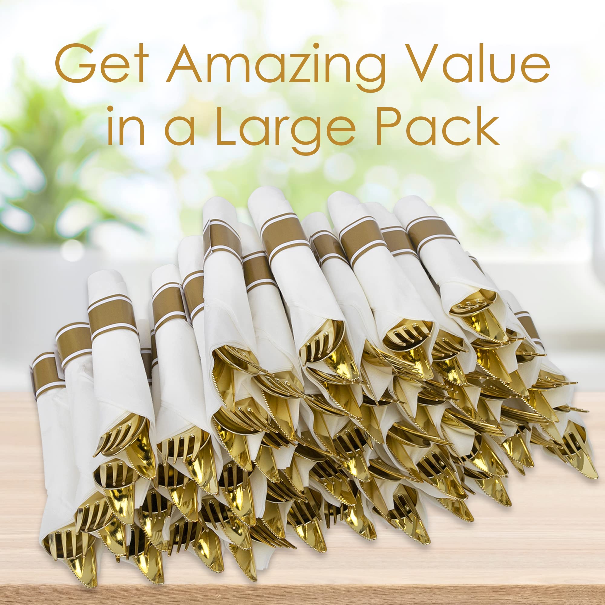 50-Piece Gold Wrapped Plastic Cutlery Set with White Napkins - Disposable Silverware for Parties, Weddings & Events - Elegant Forks, Spoons & Knives - Perfect for Catering, Birthday Celebrations & Formal Dinners - By Zulzzy