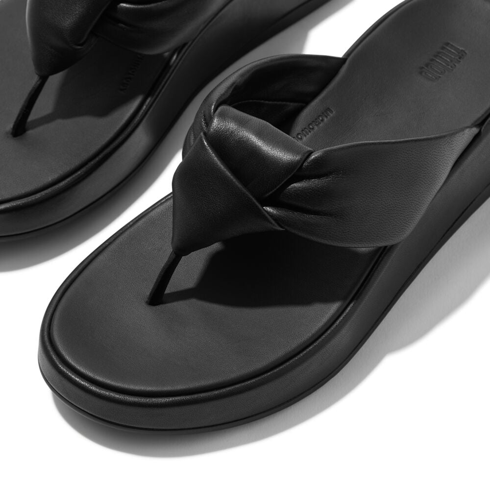 FitFlop F Mode Knot Soft Leather Toe Post Flatform Sandals for Women - All Black | Comfortable Summer Walking Shoes for Beach, Travel & Casual Outfits
