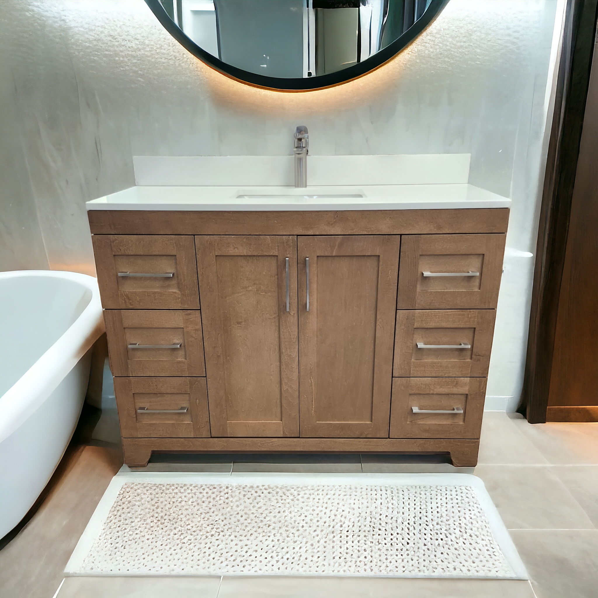Tuscon Calo 54-Inch Bathroom Vanity with White Quartz Countertop | Canadian Maple Finish | Modern Bathroom Storage Solution for Home Remodeling