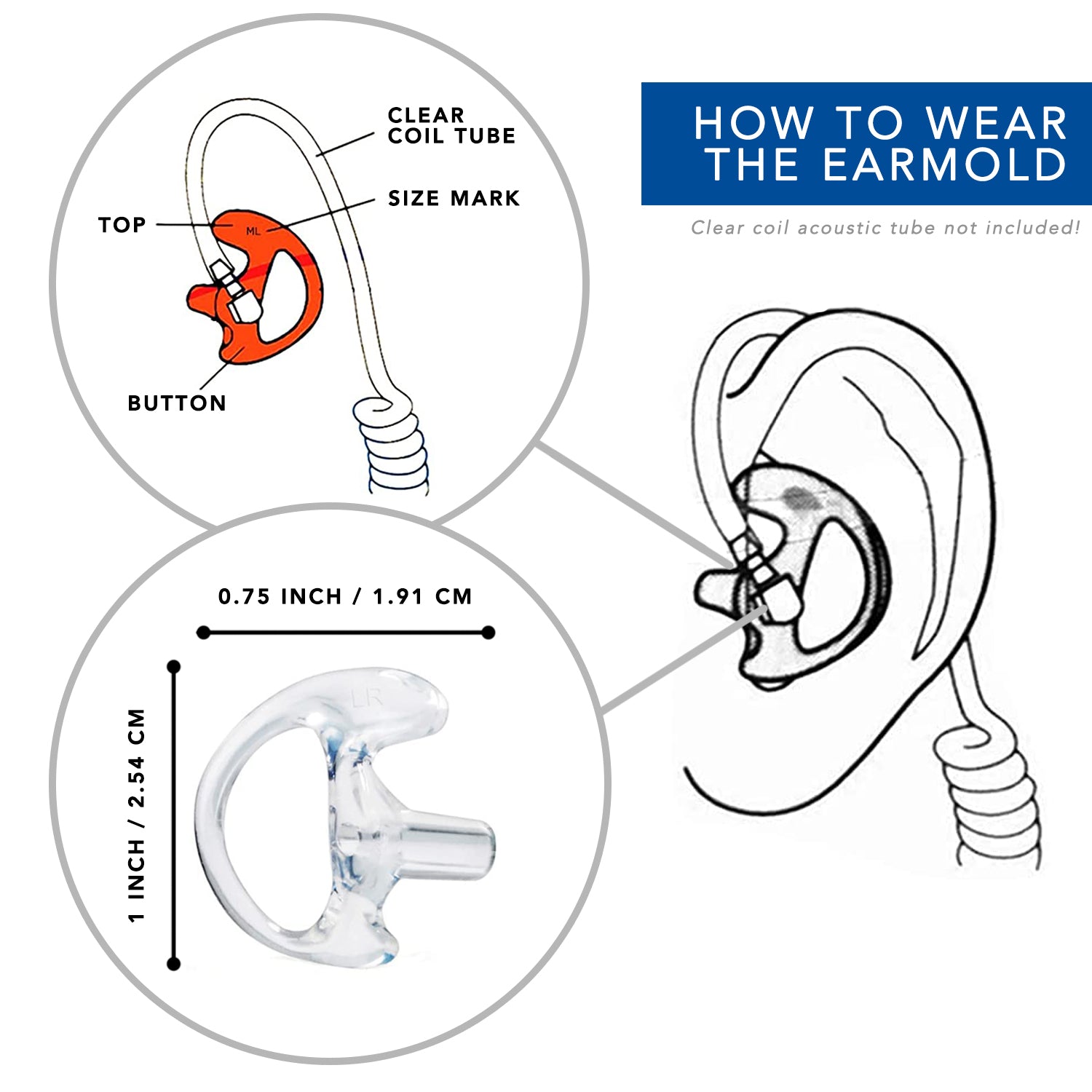 Clear RIGHT Medium Replacement Earmold Earbud for Two Way Radios - Compatible with Motorola, Kenwood & More - Secure Fit for Clear Communication - Perfect for Construction, Security & Outdoor Activities