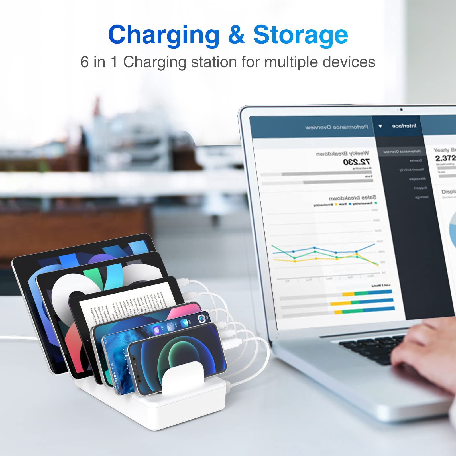 ZXSWONLY 6-Port USB Charging Station with 6 Cables - Fast Multi Device Charger Dock for iPhone, Android, Tablet, Kindle, iPad, Smartphones - Perfect for Home, Office, Travel & Nightstand Charging (White)