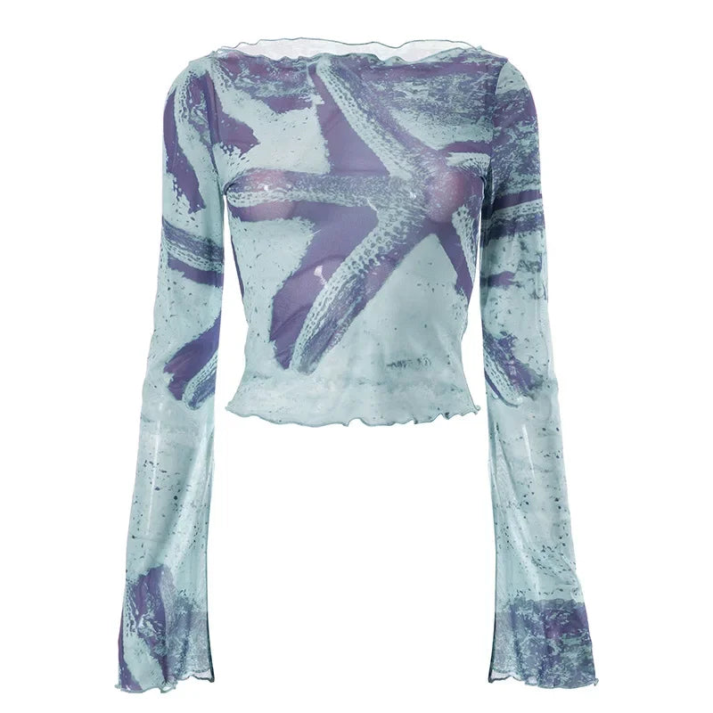 Abstract Blue Print Graphic T-Shirts for Women & Girls | Y2K Fashion Frill Mesh Sheer Flare Sleeve Crop Tops | Perfect for Concerts, Parties & Streetwear Outfits