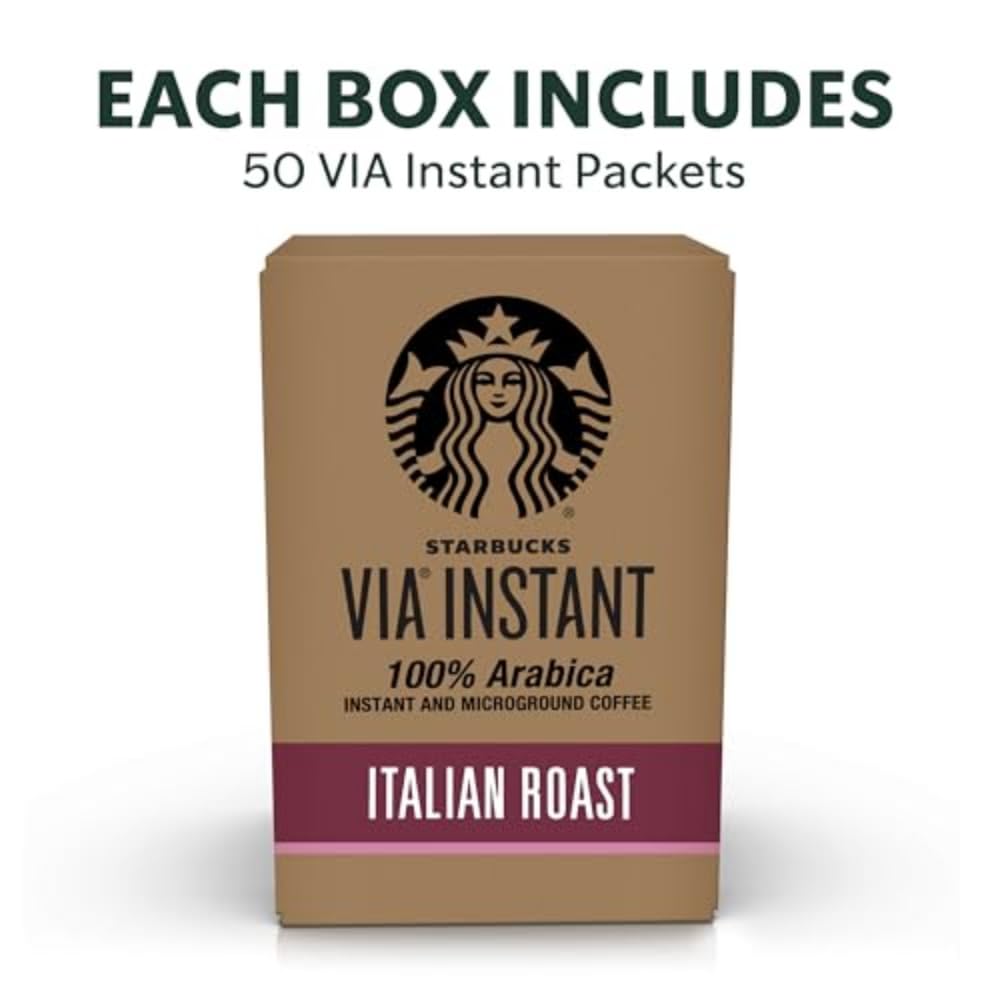 Starbucks VIA Instant Dark Roast Italian Coffee - 100% Arabica, 50 Single-Serve Packets | Perfect for Office, Travel & Camping
