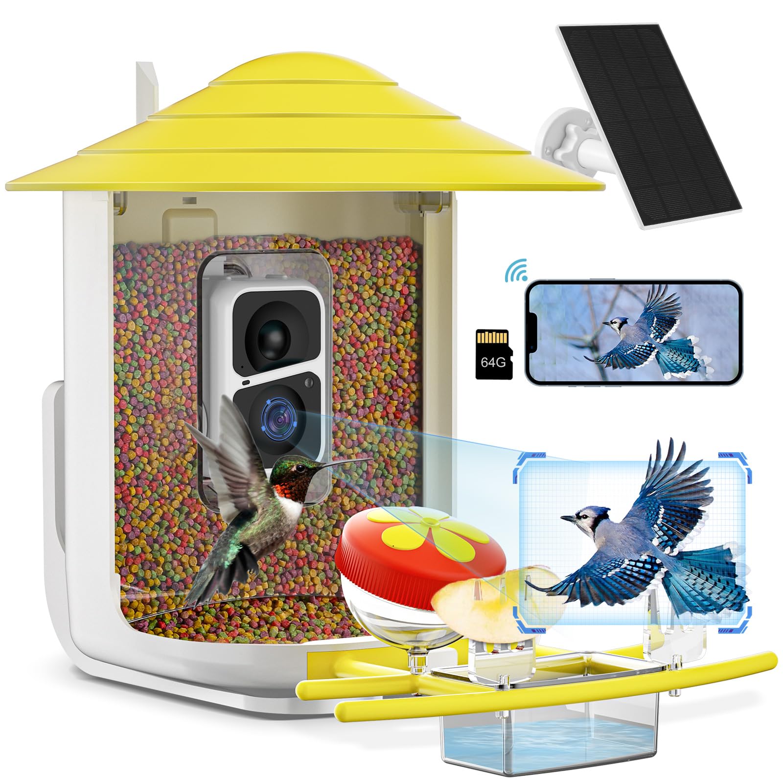 Careboda Smart AI Bird Feeder with Camera - Solar Powered Wireless Outdoor Bird Watching Camera with Motion Detection, Auto Video Capture & 64GB SD Card - Perfect for Backyard Bird Watching & Nature Enthusiasts (Yellow)
