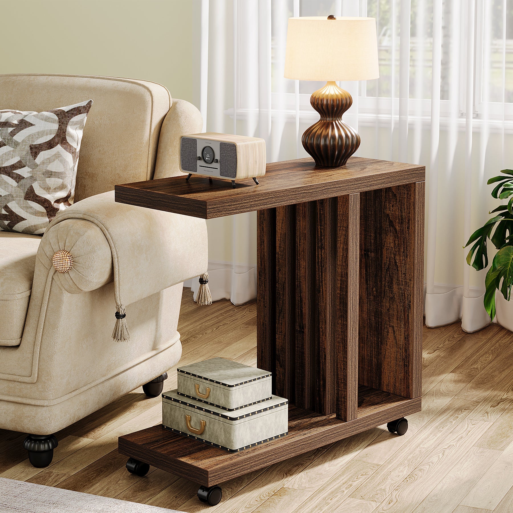 2 Tier C-Shaped End Table with Lockable Wheels - Modern Wood Side Table for Living Room, Bedroom & Office - Perfect for Small Spaces, Nightstand, or Extra Storage