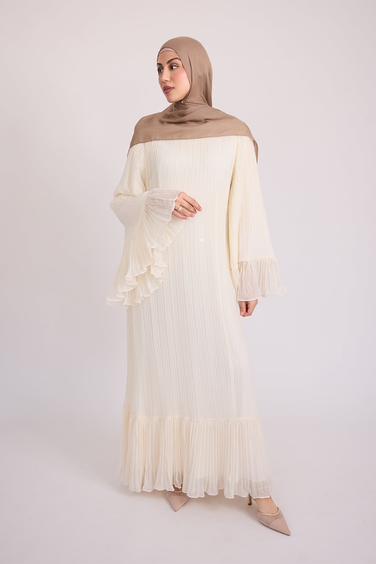 Camille Pleated Maxi Dress for Women - Elegant Off White Flowy Long Dress for Summer, Beach, Wedding & Special Occasions