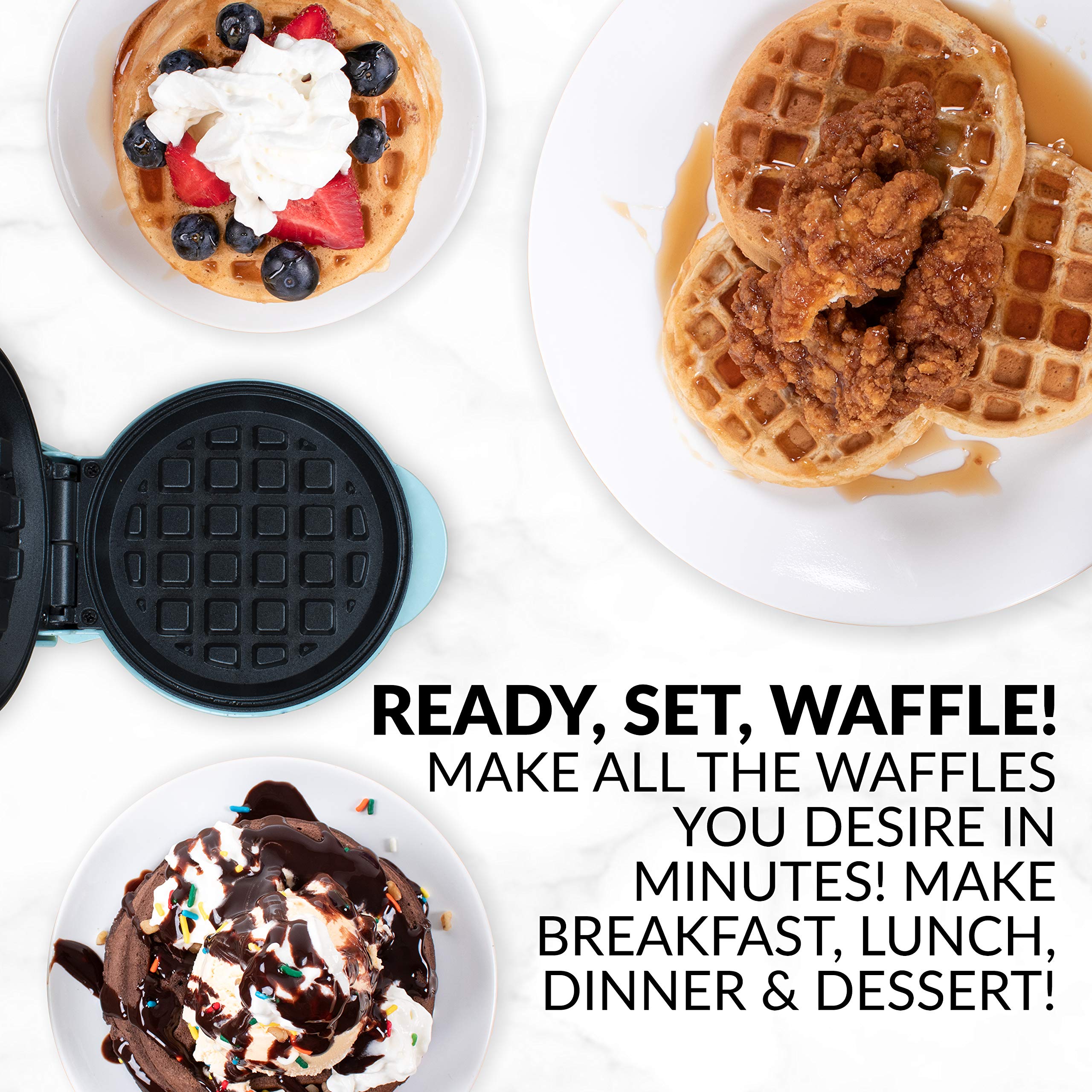 Nostalgia MyMini Personal Electric Waffle Maker - 5 Inch Non-Stick Cooking Surface for Waffles, Hash Browns, French Toast, Grilled Cheese, Quesadillas, Brownies & Cookies - Compact & Portable for Dorms, Offices & Small Kitchens - Aqua Blue