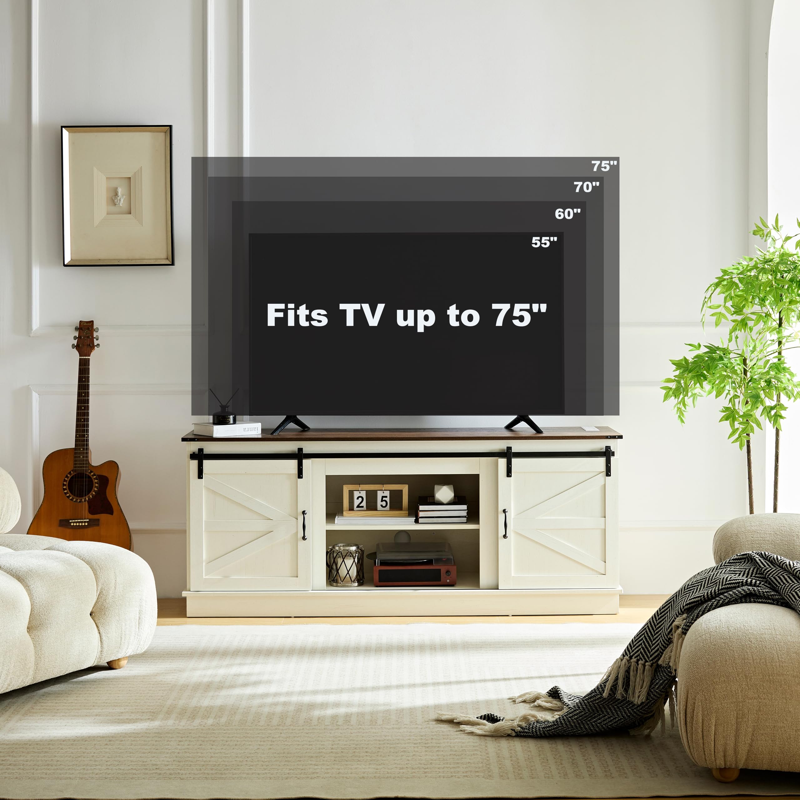 Farmhouse TV Stand and Coffee Table Set - 2 Piece Entertainment Center for 75 Inch TV with Built-in Power Outlet, Rustic Wood Square Coffee Tables for Living Room in Antique White - Perfect for Cozy Living Rooms, Home Theaters & Farmhouse Decor