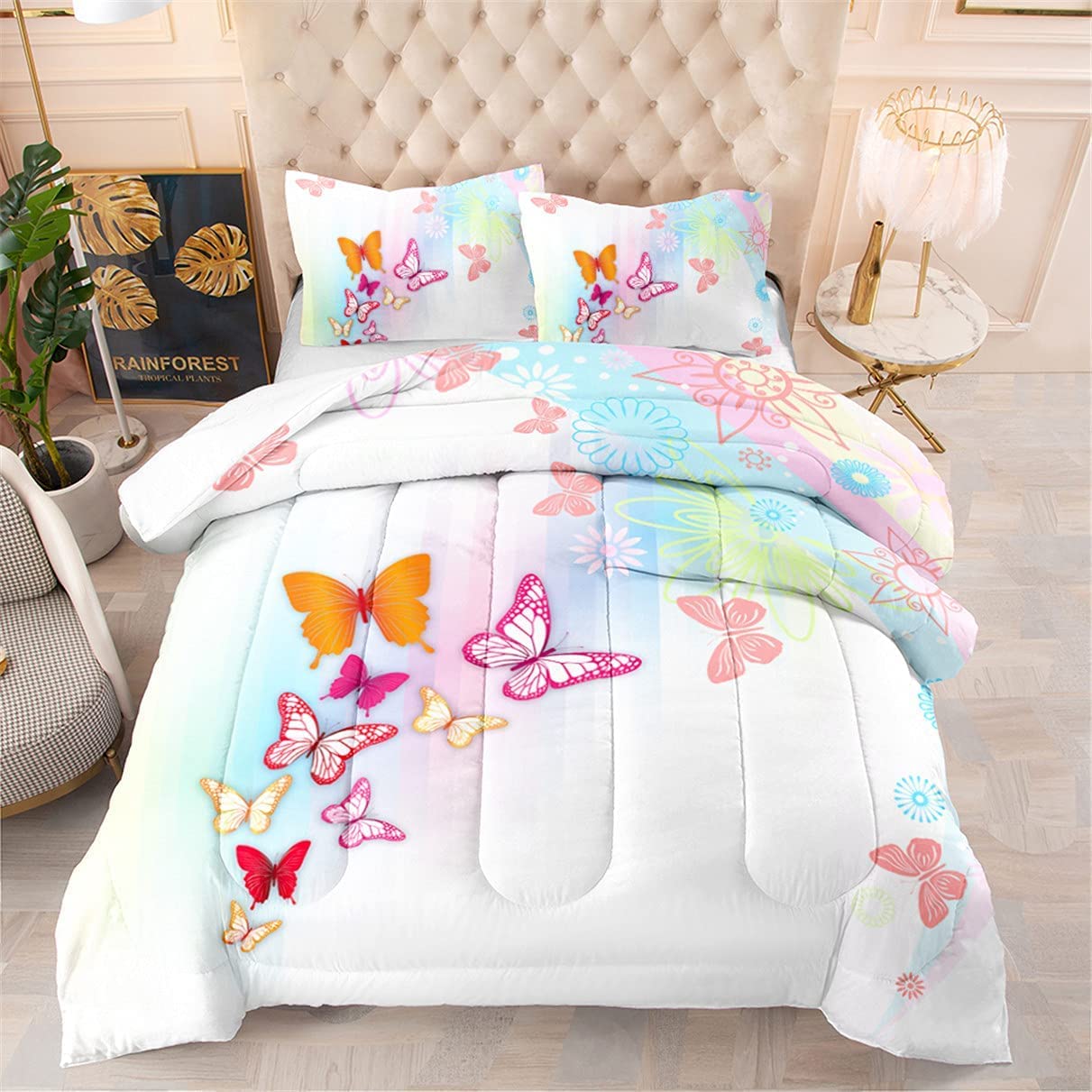 EDUMEYA King Size Butterfly Comforter Set - Watercolor Floral Boho Bedding with 2 Pillowcases for Girls & Women | Insect-Themed Quilt for Bedroom Decor, Teen Room, Dormitory & Guest Room