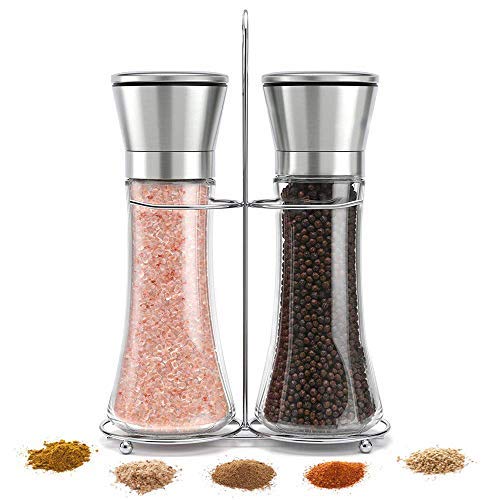 Premium Stainless Steel Salt and Pepper Grinder Set - Adjustable Coarseness, Refillable Glass Bottle for Sea Salt, Peppercorn & Black Pepper - Ideal for Home Kitchen, BBQ, Dinner Party & Restaurant Use
