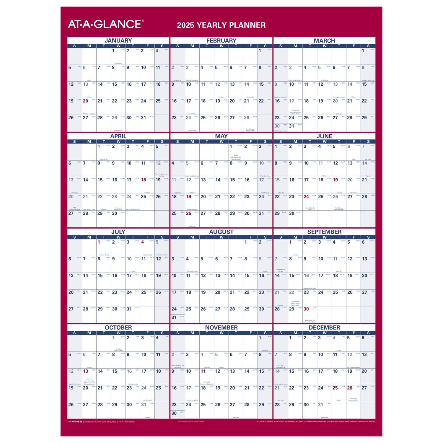 AT-A-GLANCE 2025 Dry Erase Wall Calendar Planner - 12